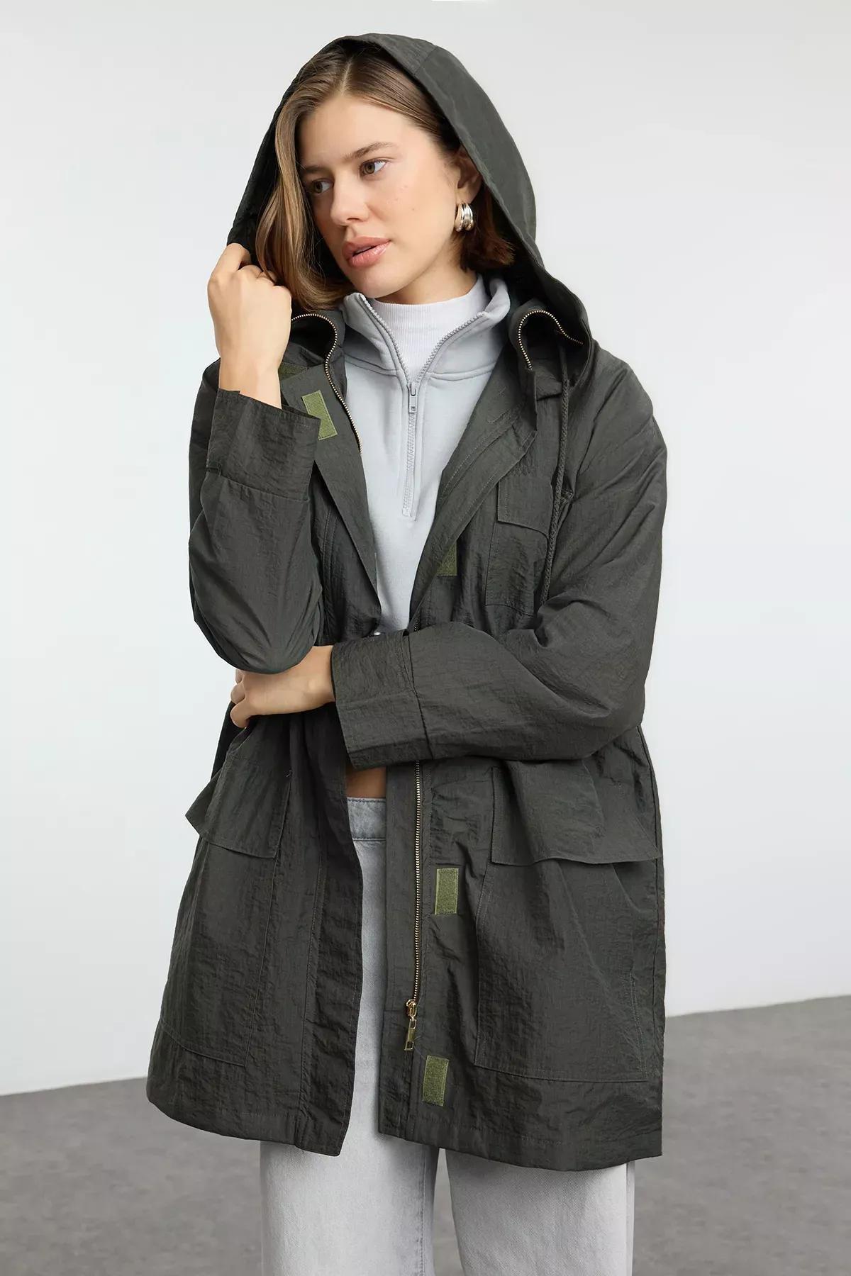 Green Hooded Waist Drawstring Windbreaker, , large image number 0