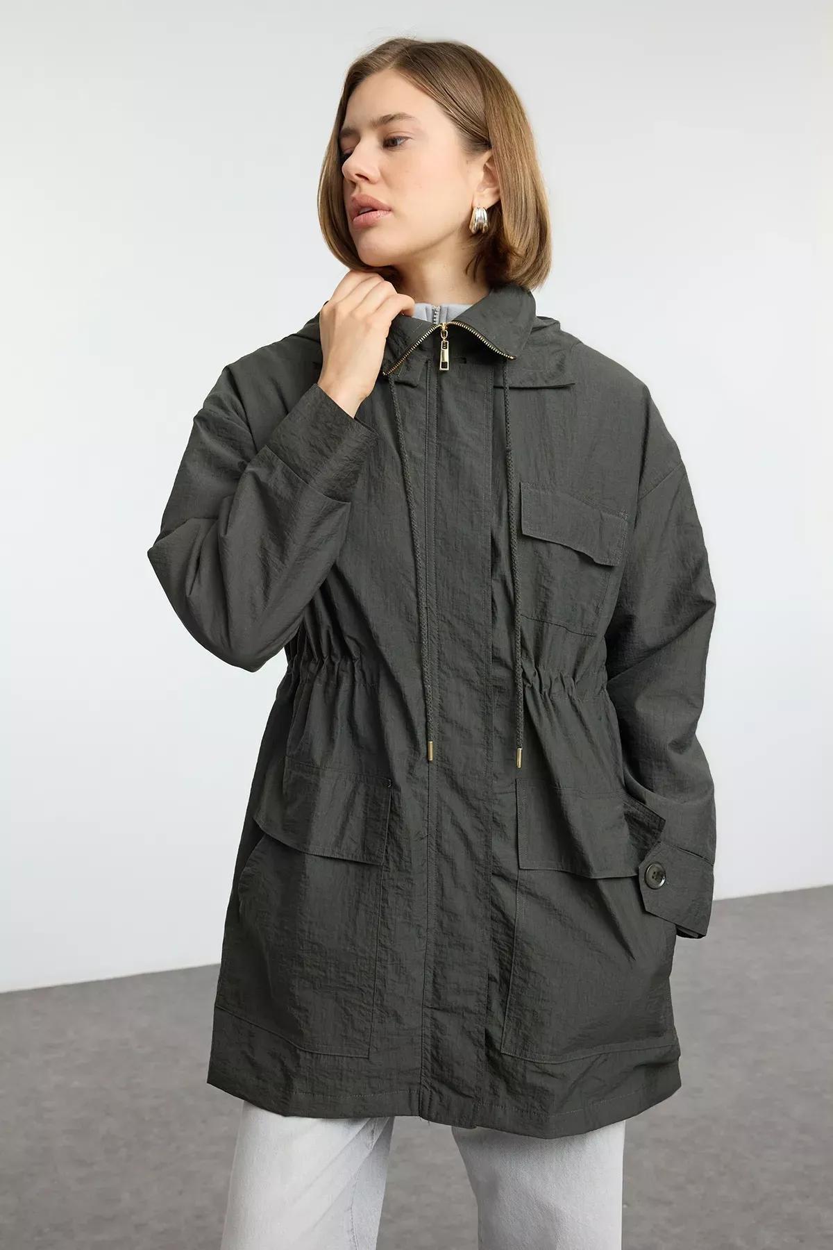 Green Hooded Waist Drawstring Windbreaker, , large image number 2