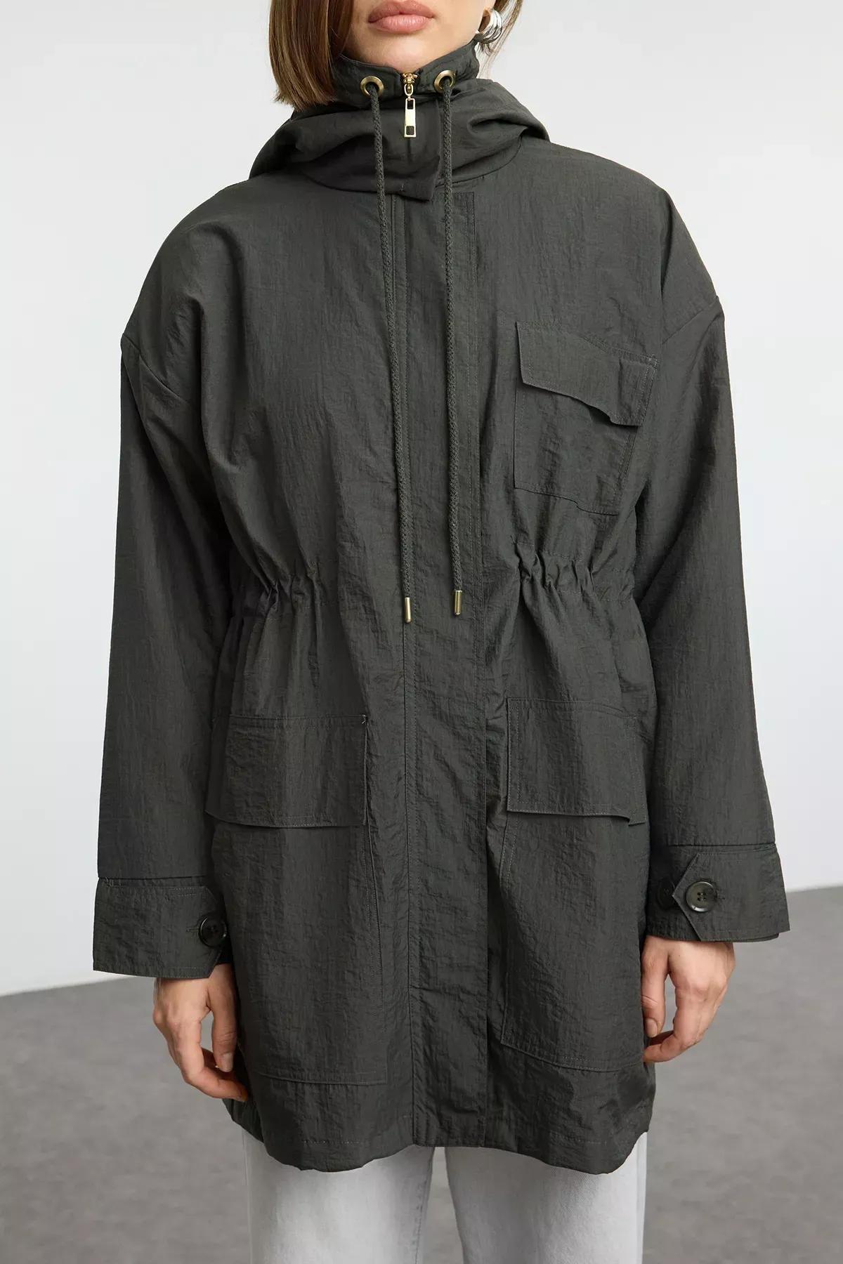 Green Hooded Waist Drawstring Windbreaker, , large image number 3