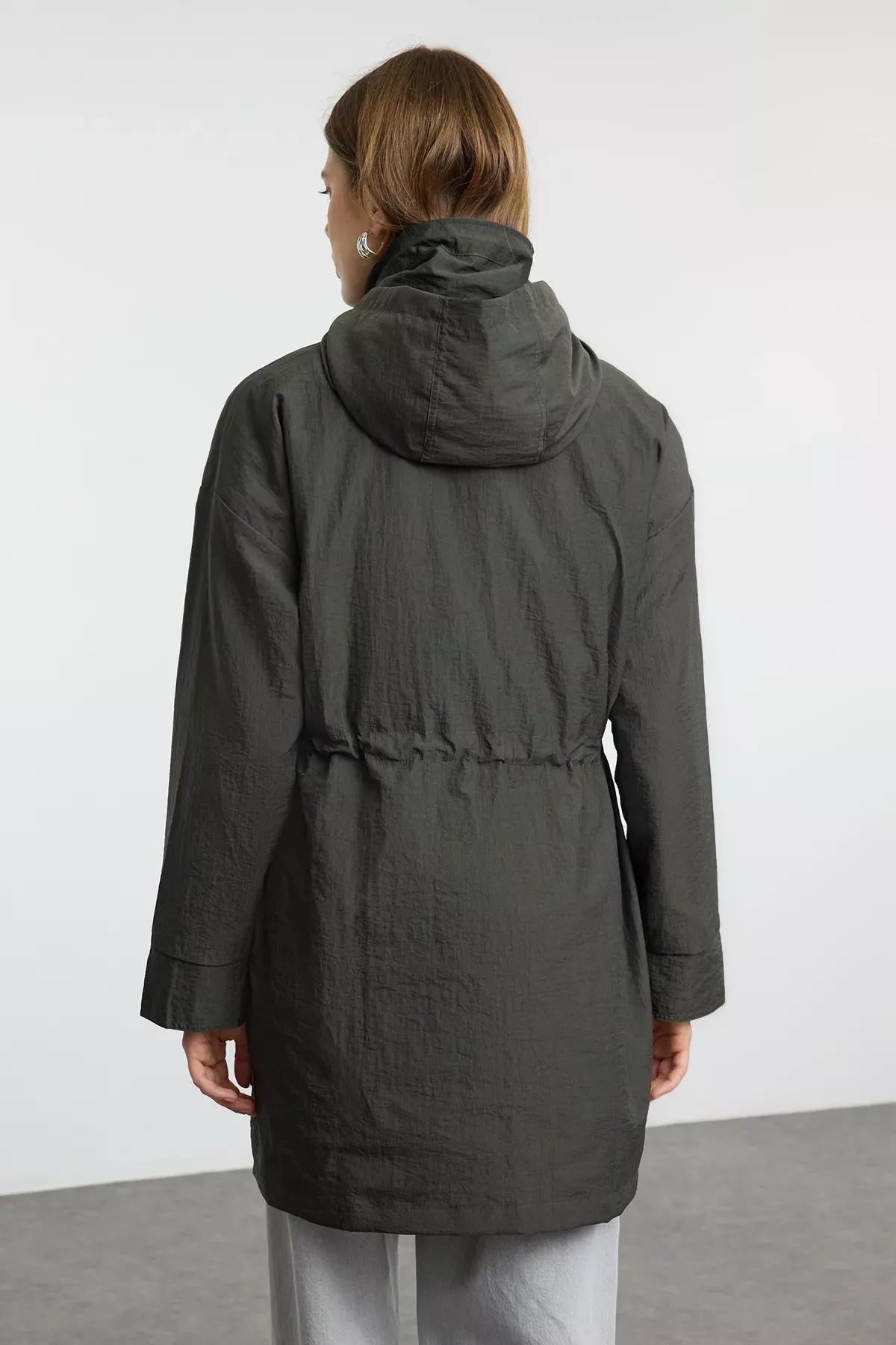 Green Hooded Waist Drawstring Windbreaker, , large image number 4