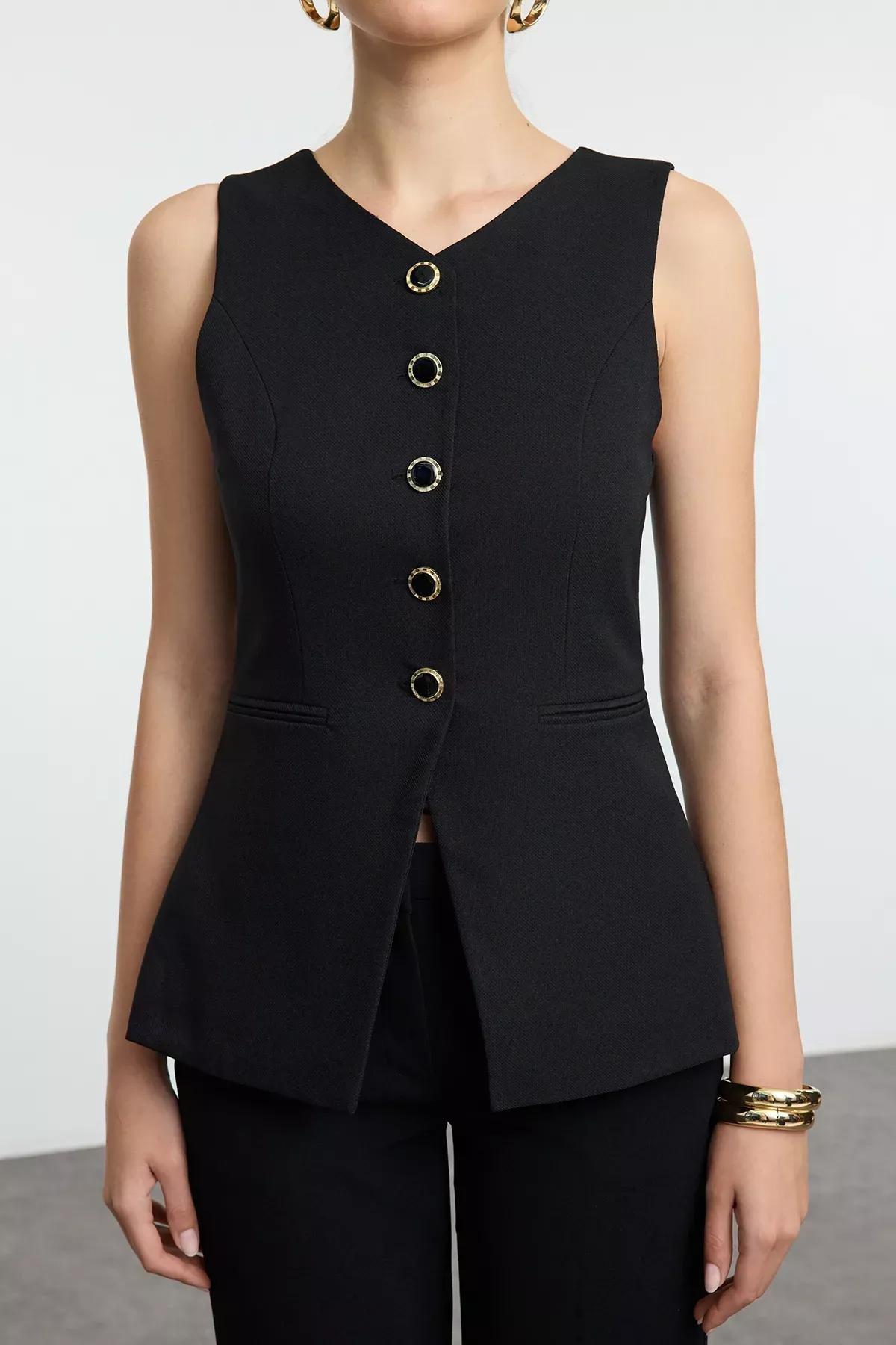 Black Fitted Round Collar Vest, BLACK, large image number 4