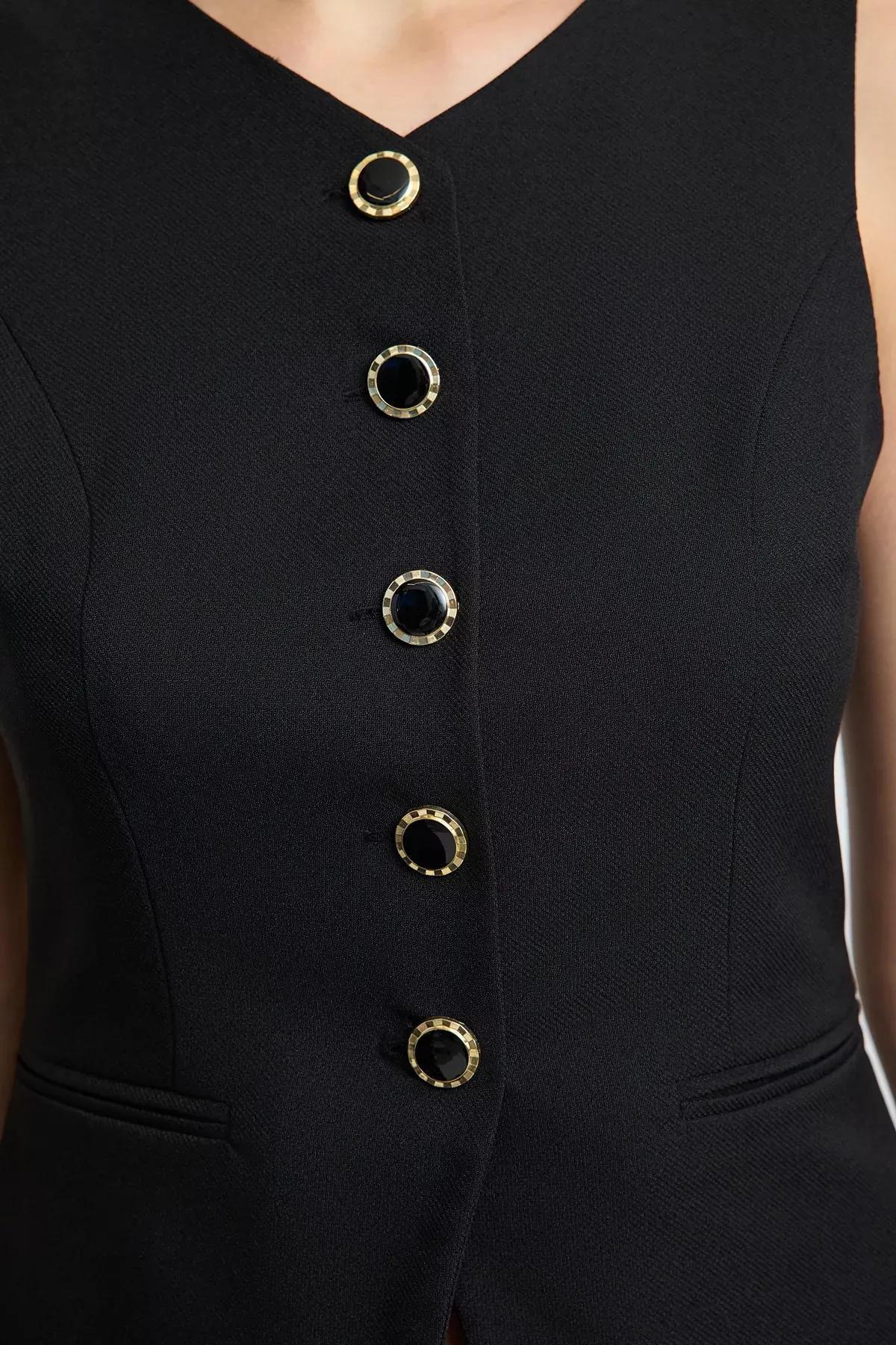 Black Fitted Round Collar Vest, BLACK, large image number 5