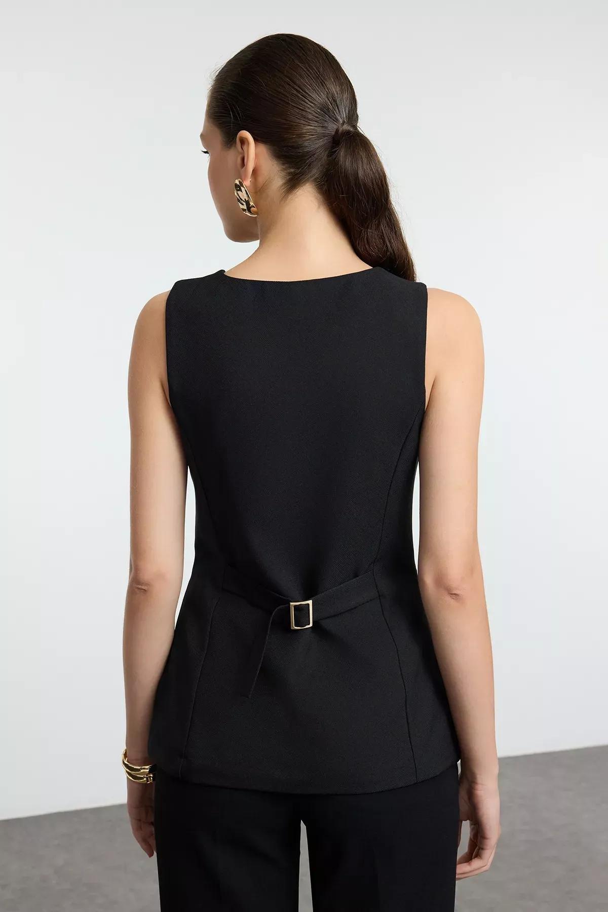 Black Fitted Round Collar Vest, BLACK, large image number 6