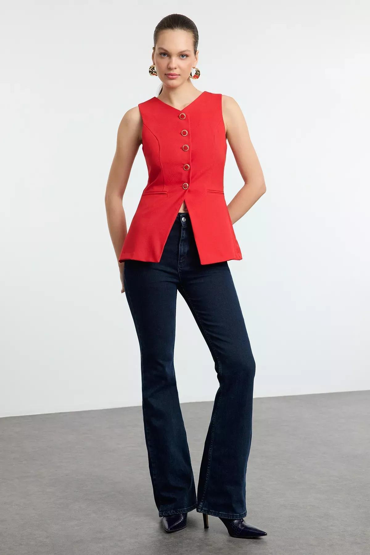 Red Fitted Round Collar Woven Vest, Red, large image number 0