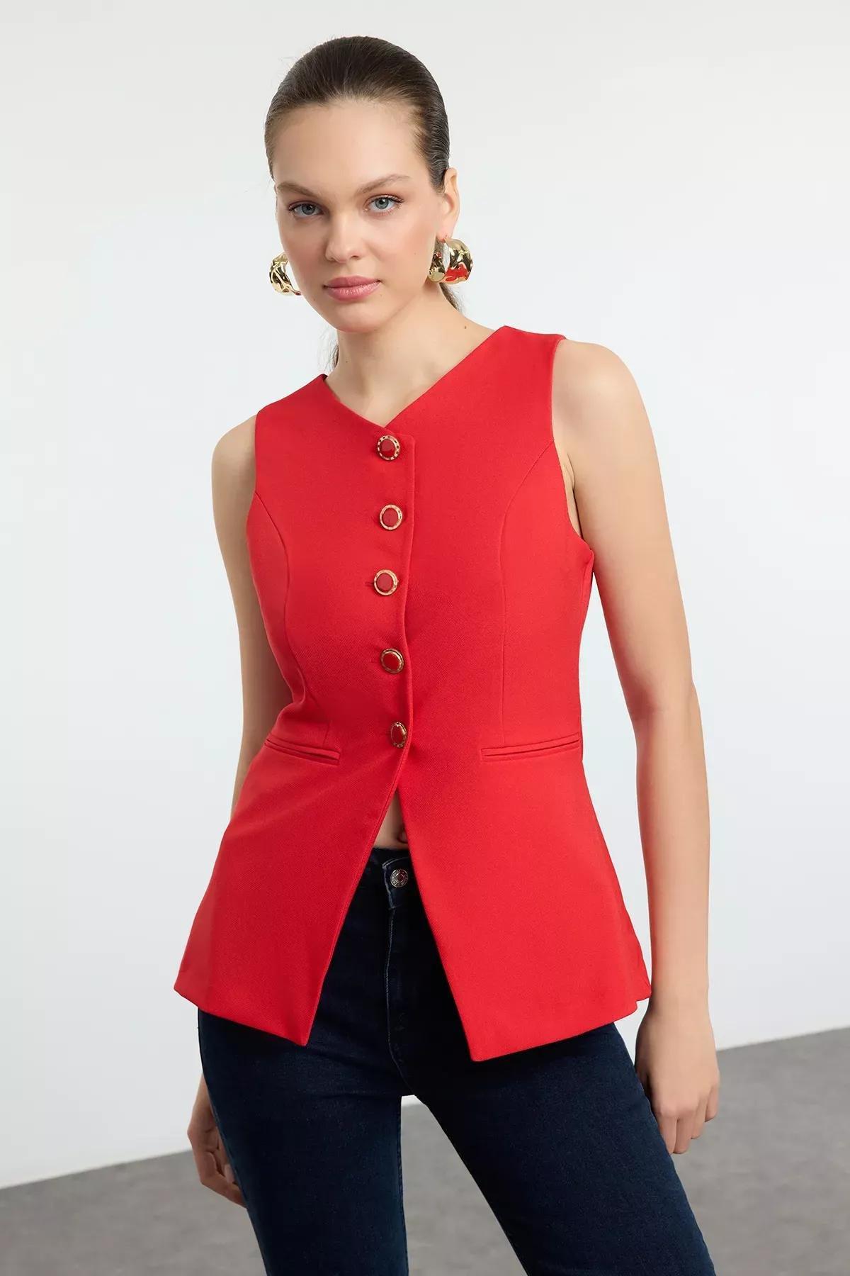 Red Fitted Round Collar Woven Vest, Red, large image number 1