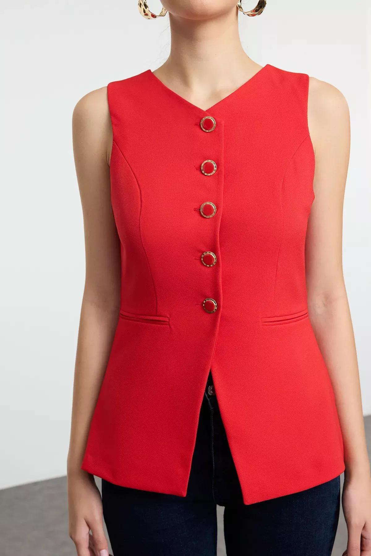 Red Fitted Round Collar Woven Vest, Red, large image number 2