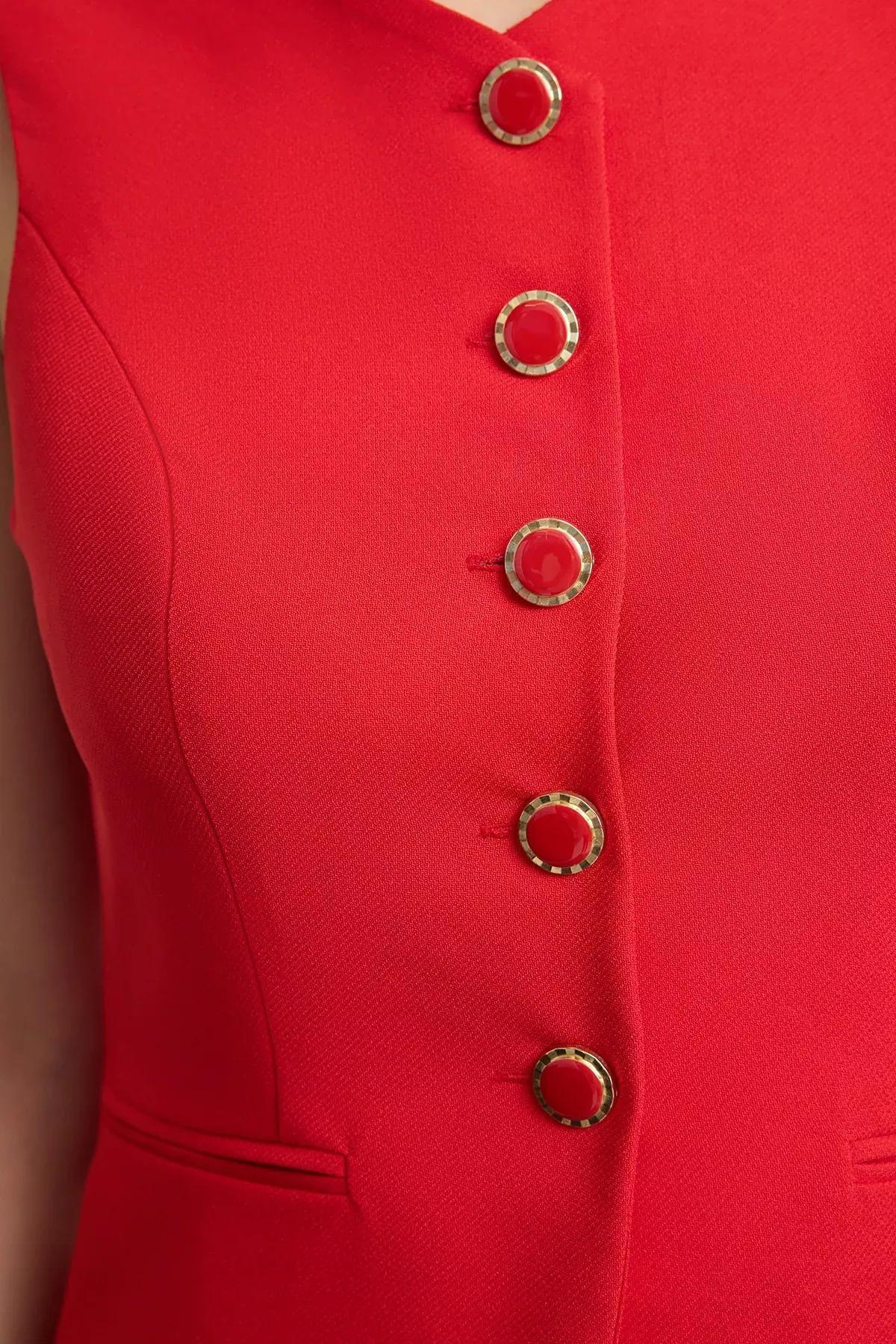 Red Fitted Round Collar Woven Vest, Red, large image number 3