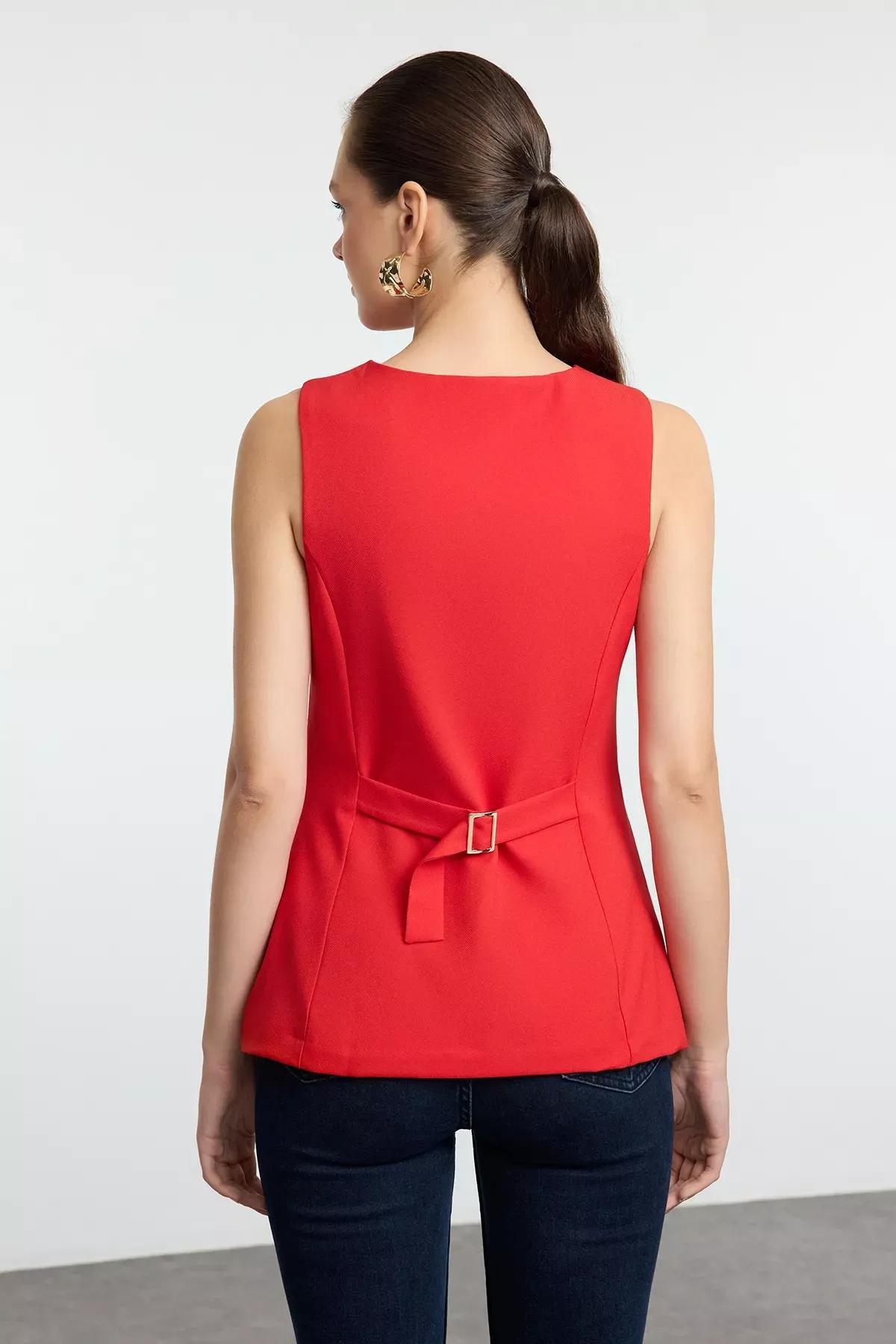 Red Fitted Round Collar Woven Vest, Red, large image number 4