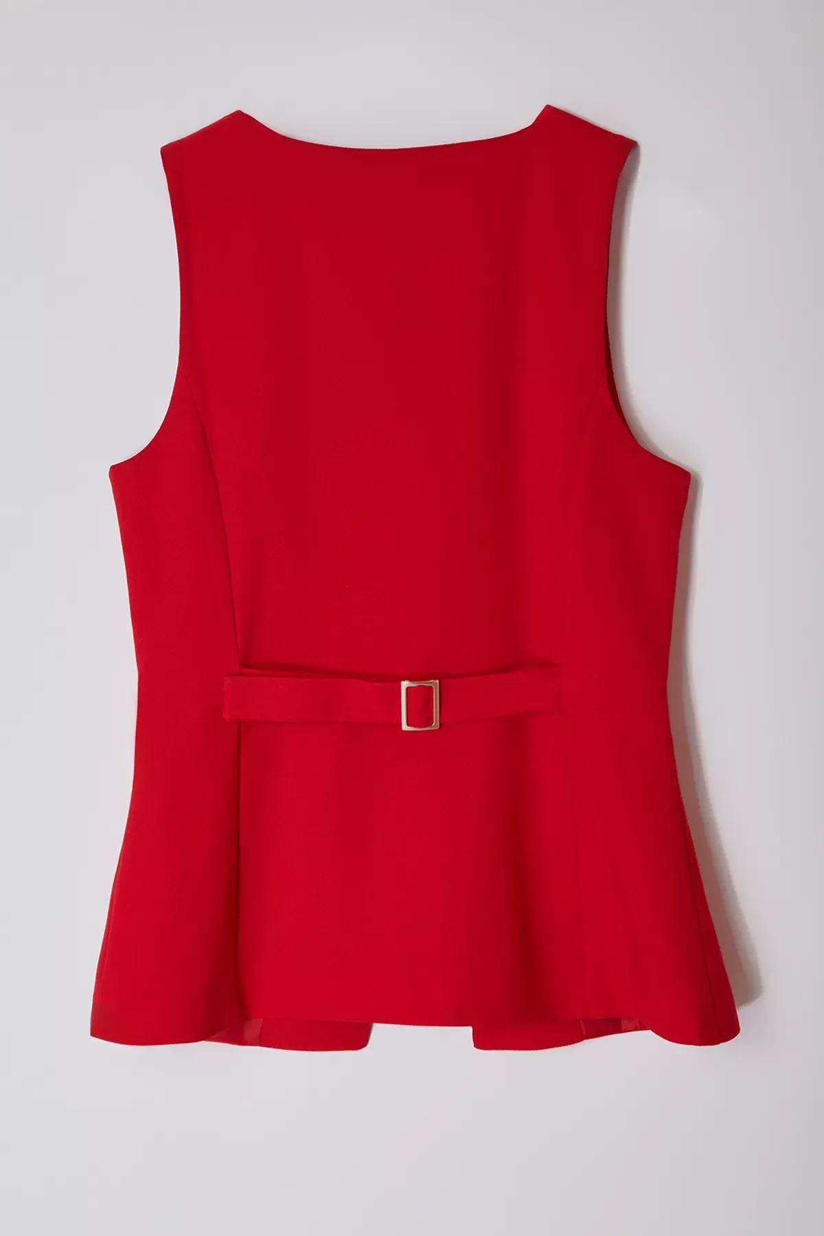 Red Fitted Round Collar Woven Vest, Red, large image number 5