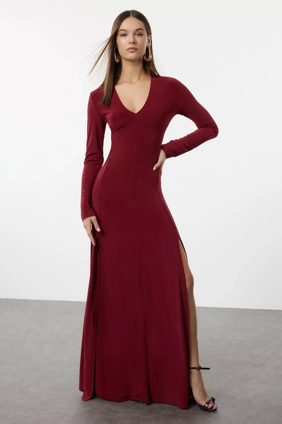 Red V-Neck Waist Open Maxi Knitted Dress, Burgundy, medium