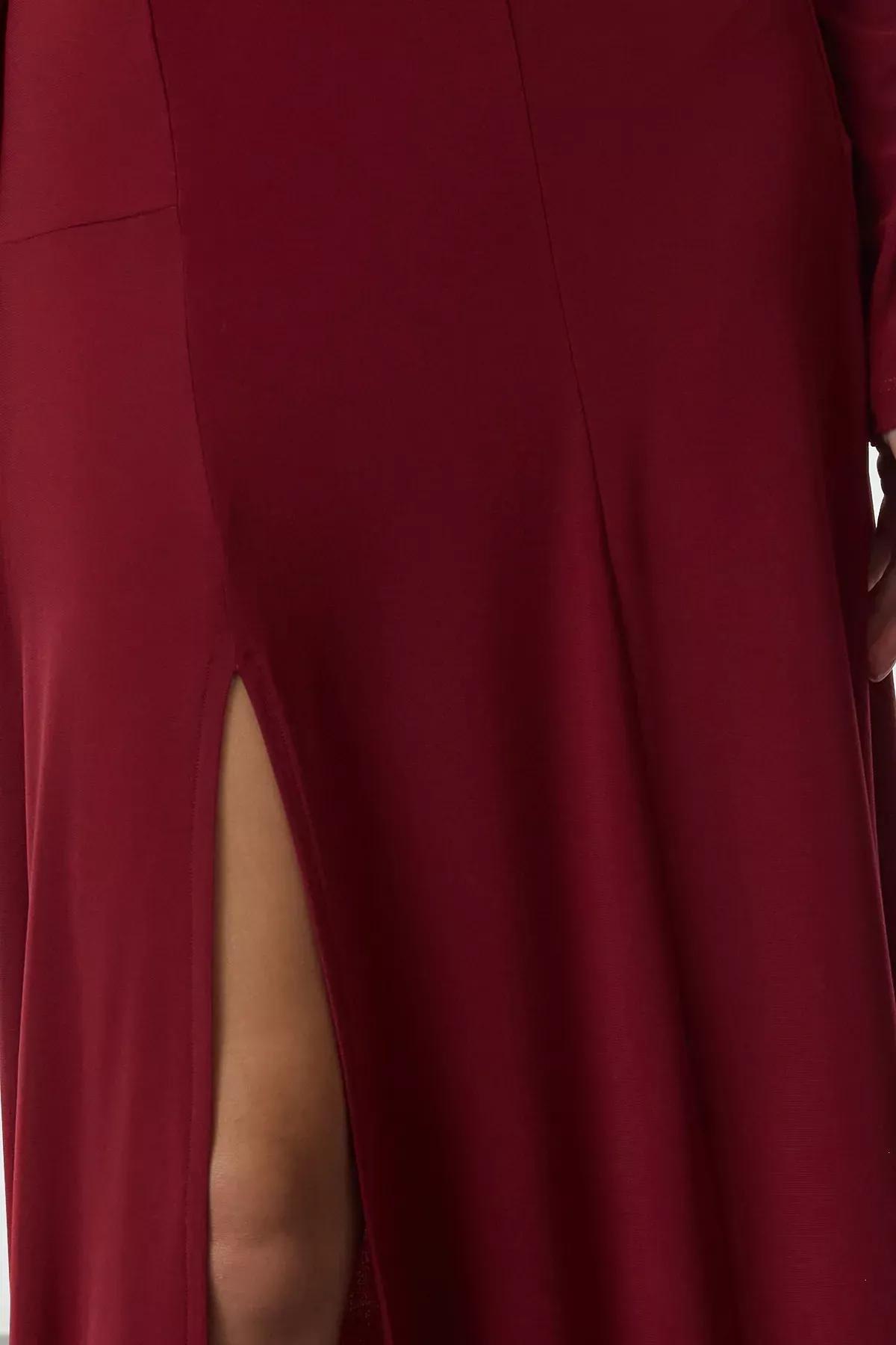 Red V-Neck Waist Open Maxi Knitted Dress, Burgundy, large image number 3