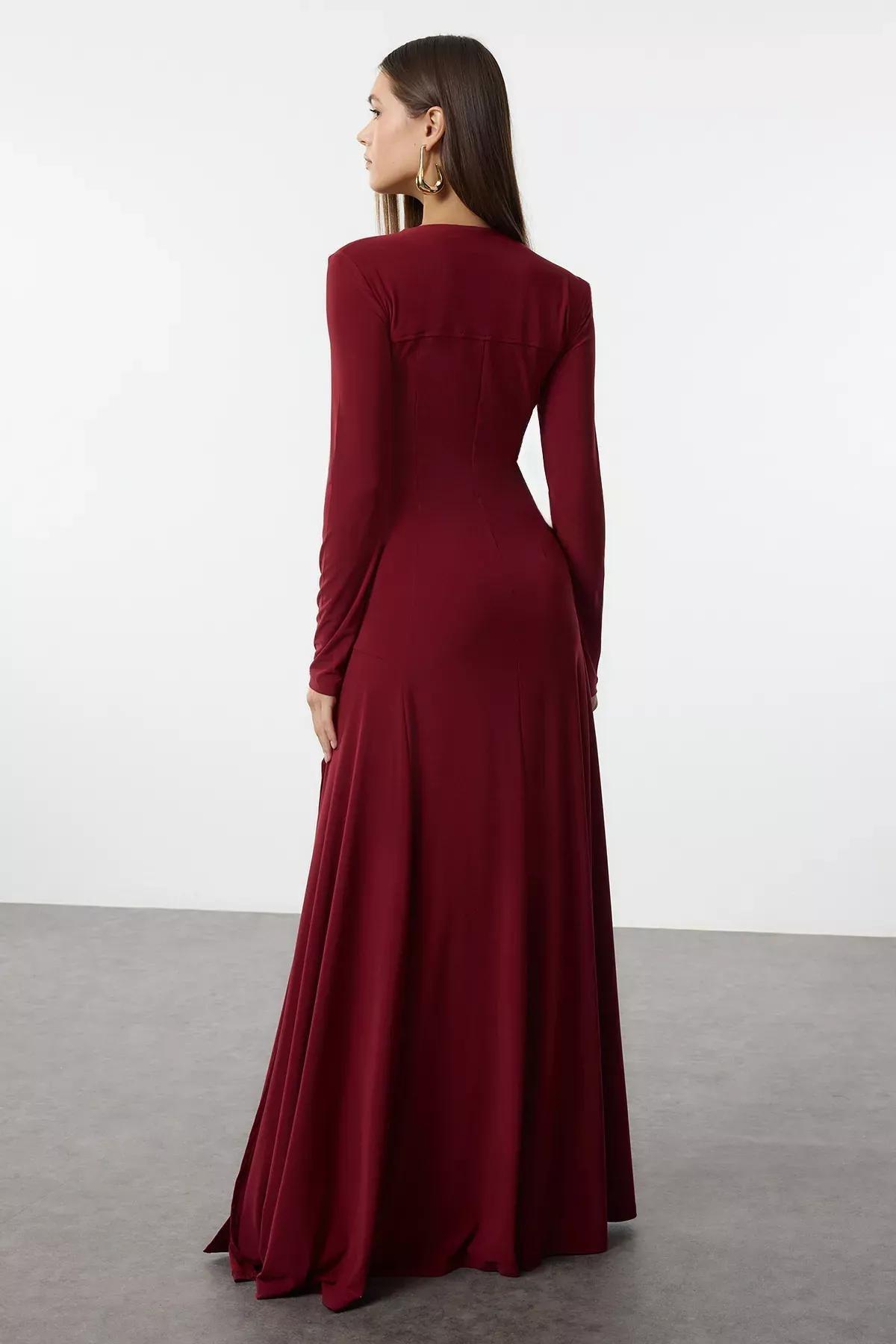 Red V-Neck Waist Open Maxi Knitted Dress, , large image number 4