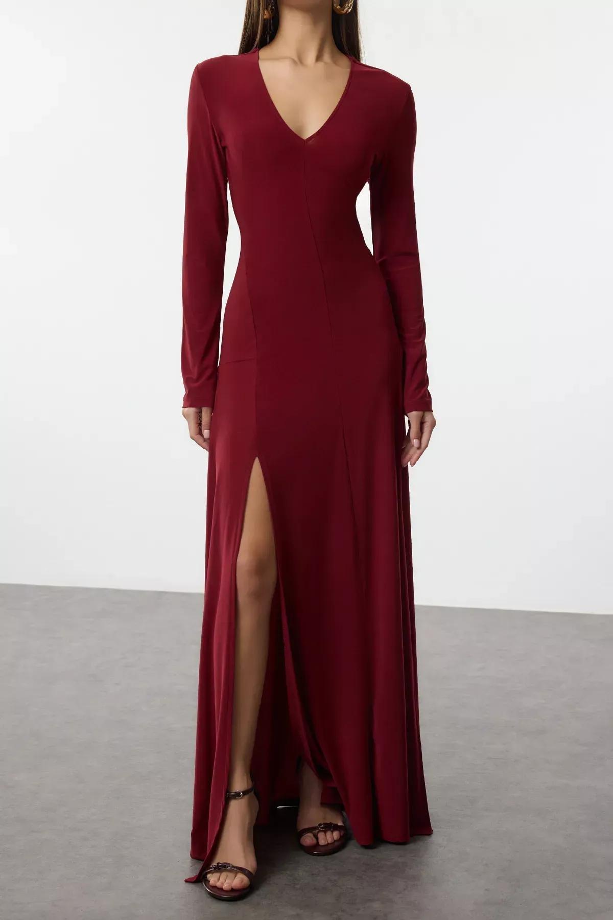 Red V-Neck Waist Open Maxi Knitted Dress, Burgundy, large image number 4