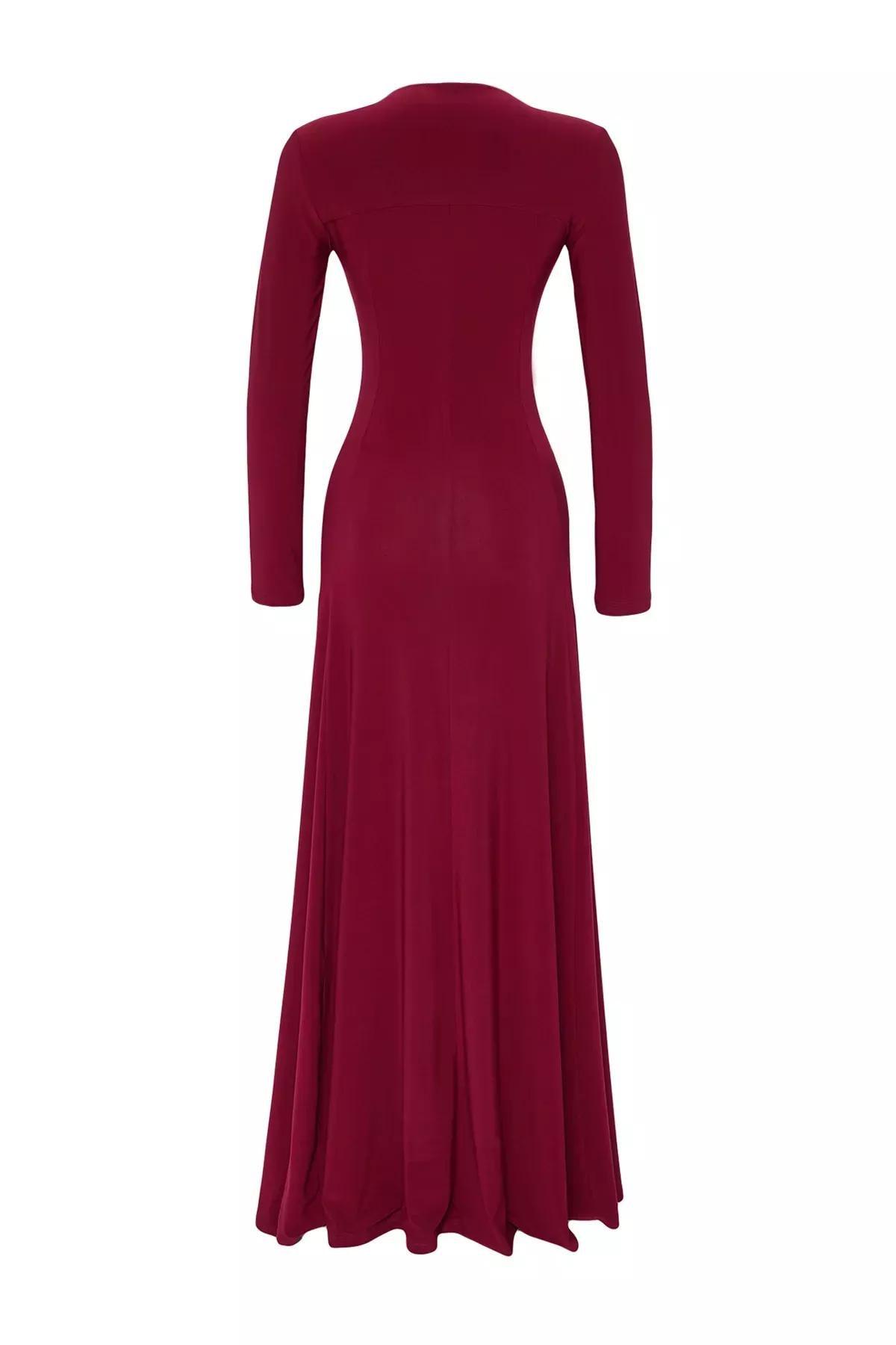 Red V-Neck Waist Open Maxi Knitted Dress, Burgundy, large image number 5