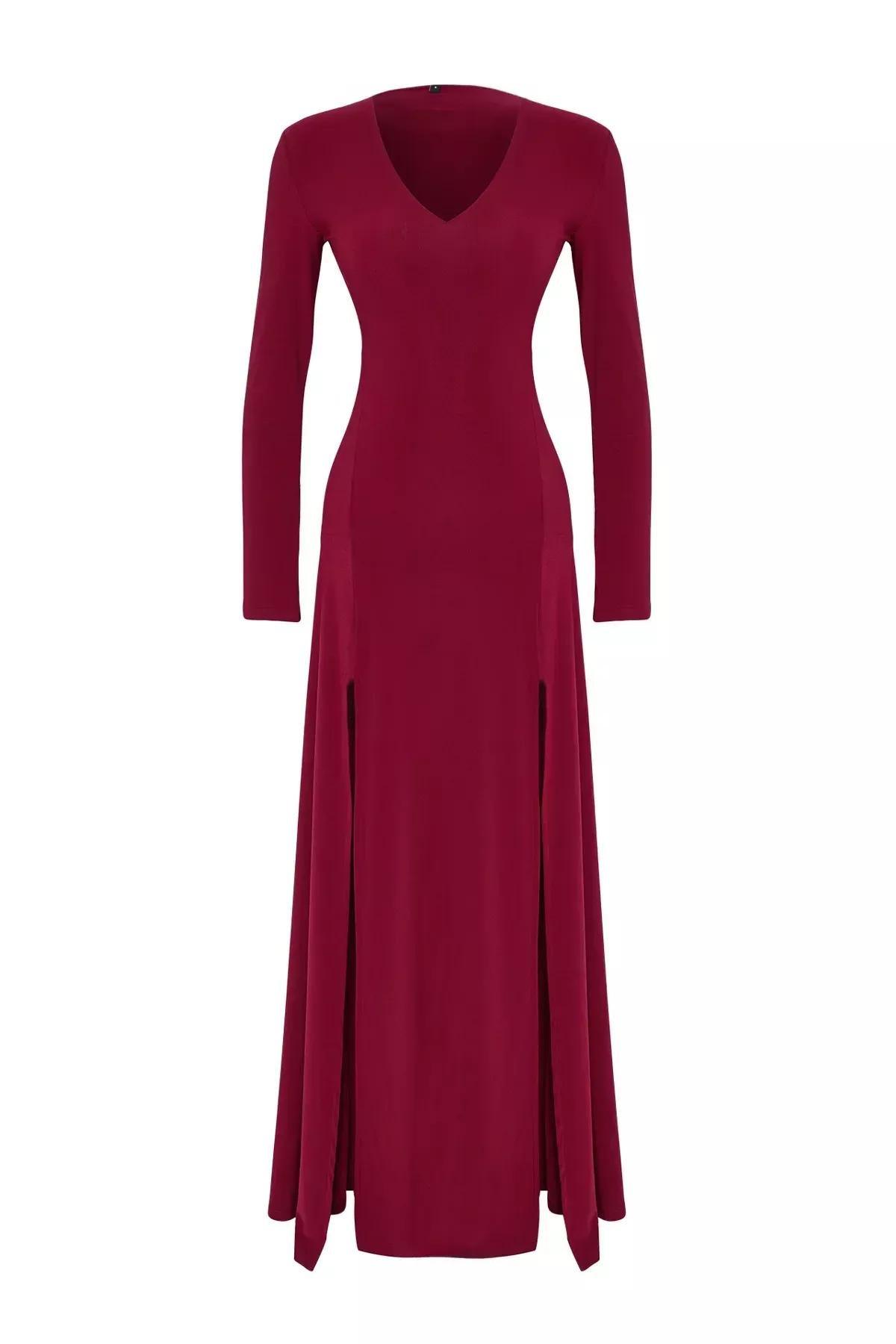 Red V-Neck Waist Open Maxi Knitted Dress, Burgundy, large image number 6