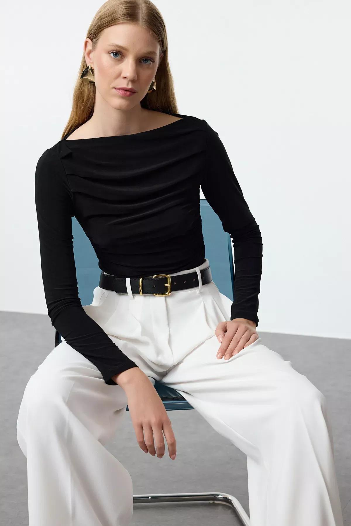 Black Draped Boat Neck Blouse, , large image number 0