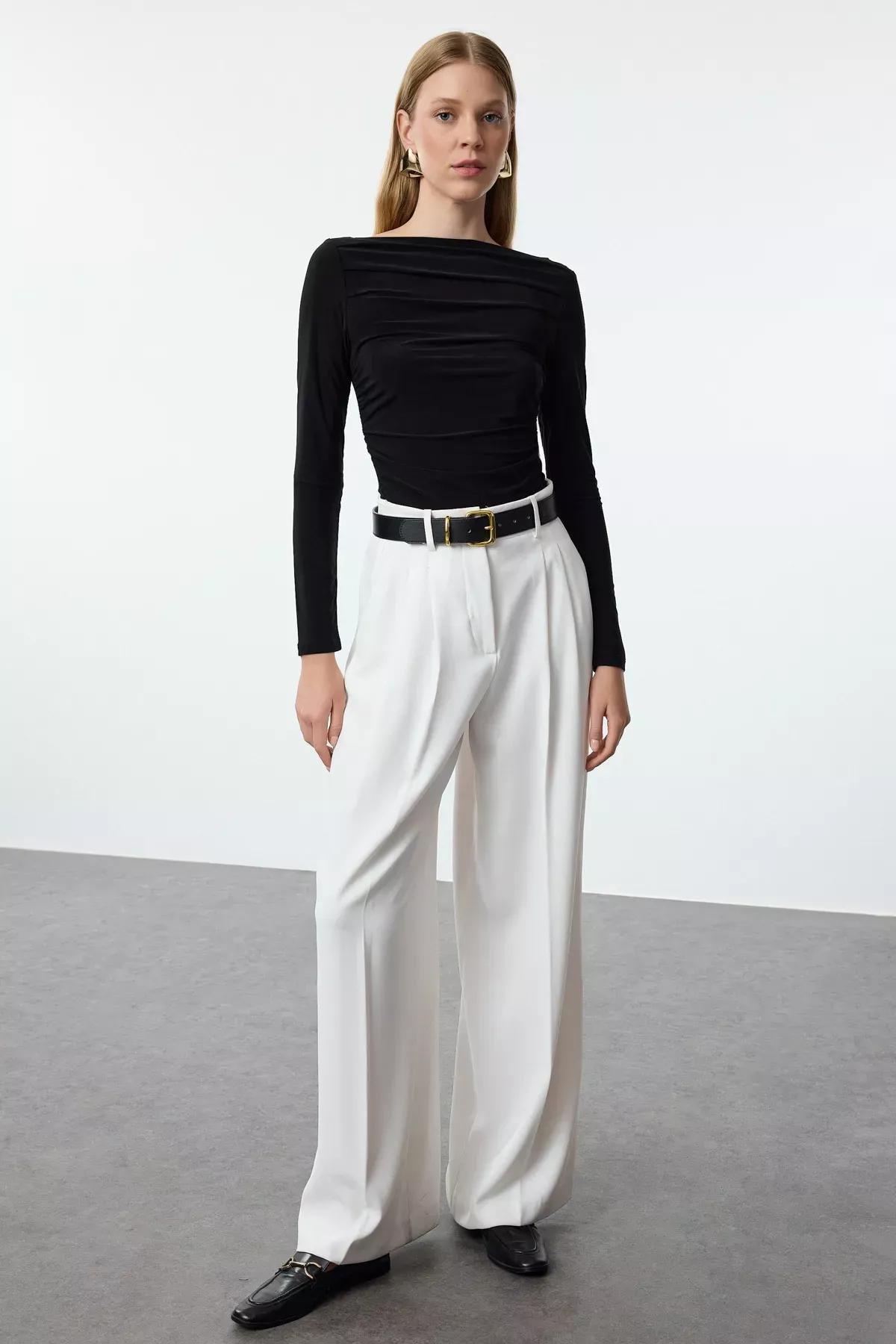 Black Draped Boat Neck Blouse, , large image number 1