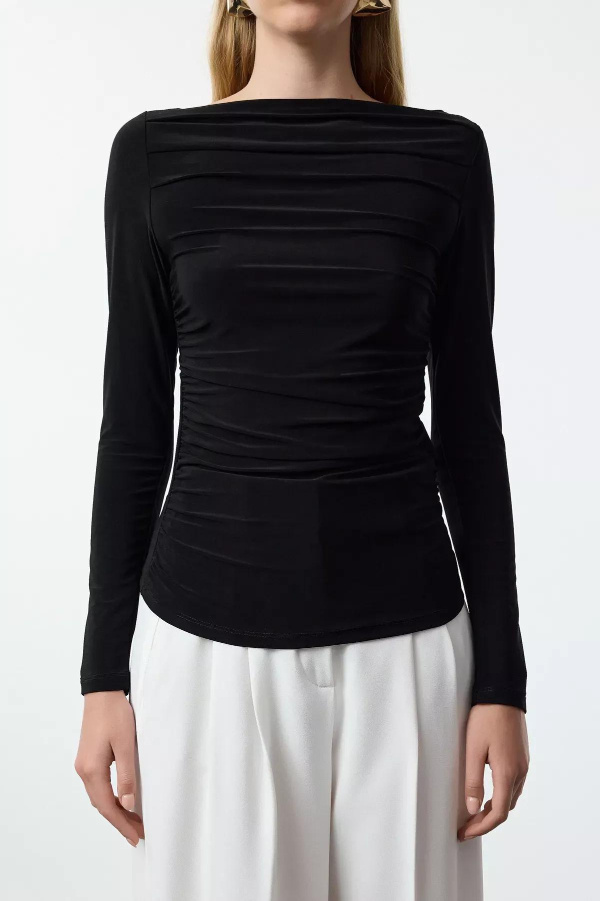 Black Draped Boat Neck Blouse, , large image number 2