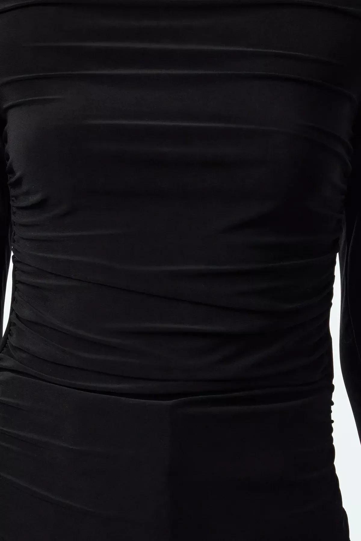 Black Draped Boat Neck Blouse, , large image number 3
