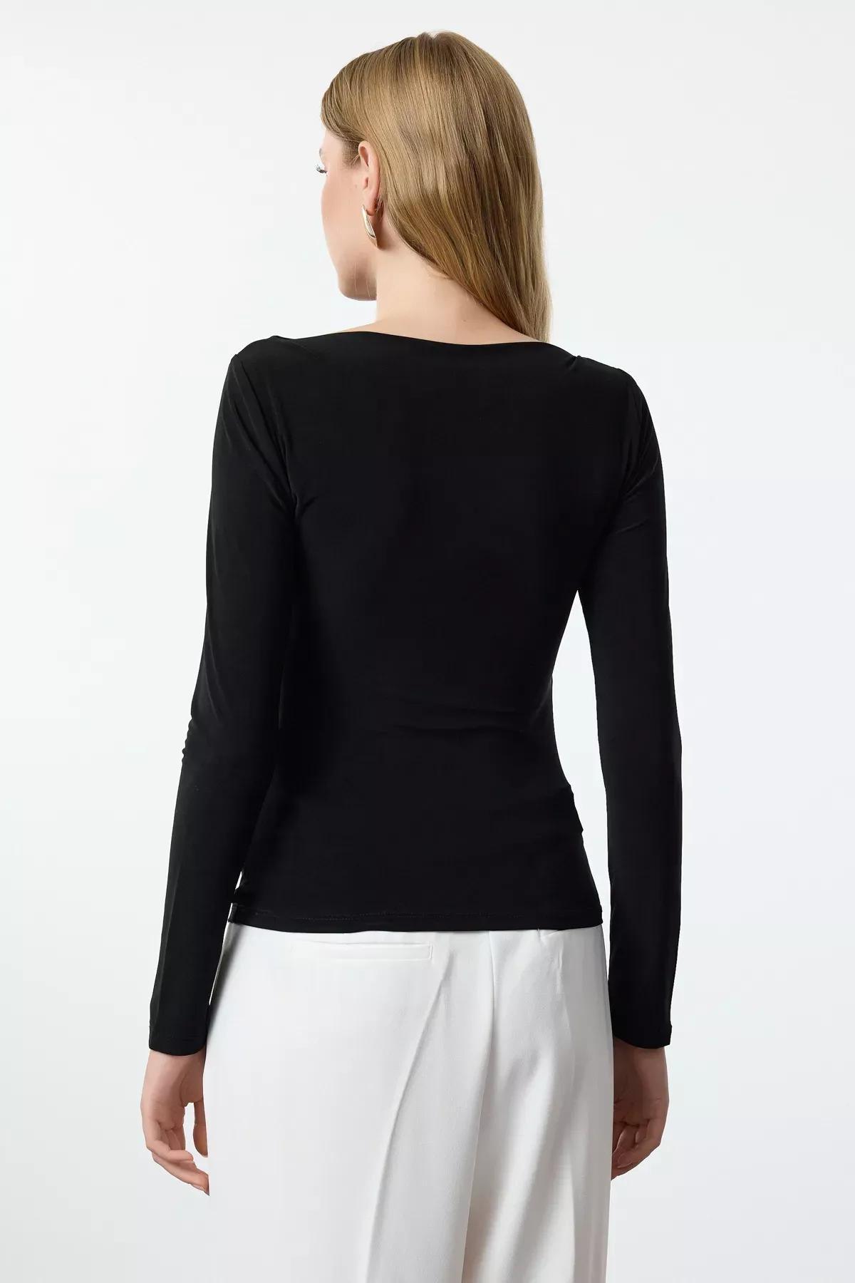 Black Draped Boat Neck Blouse, , large image number 4