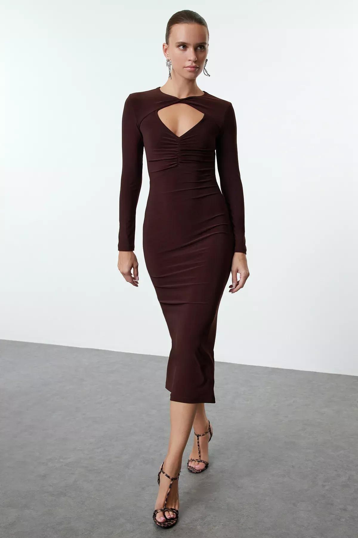Brown Cut-Out Window Detailed Knit Dress, , large image number 0