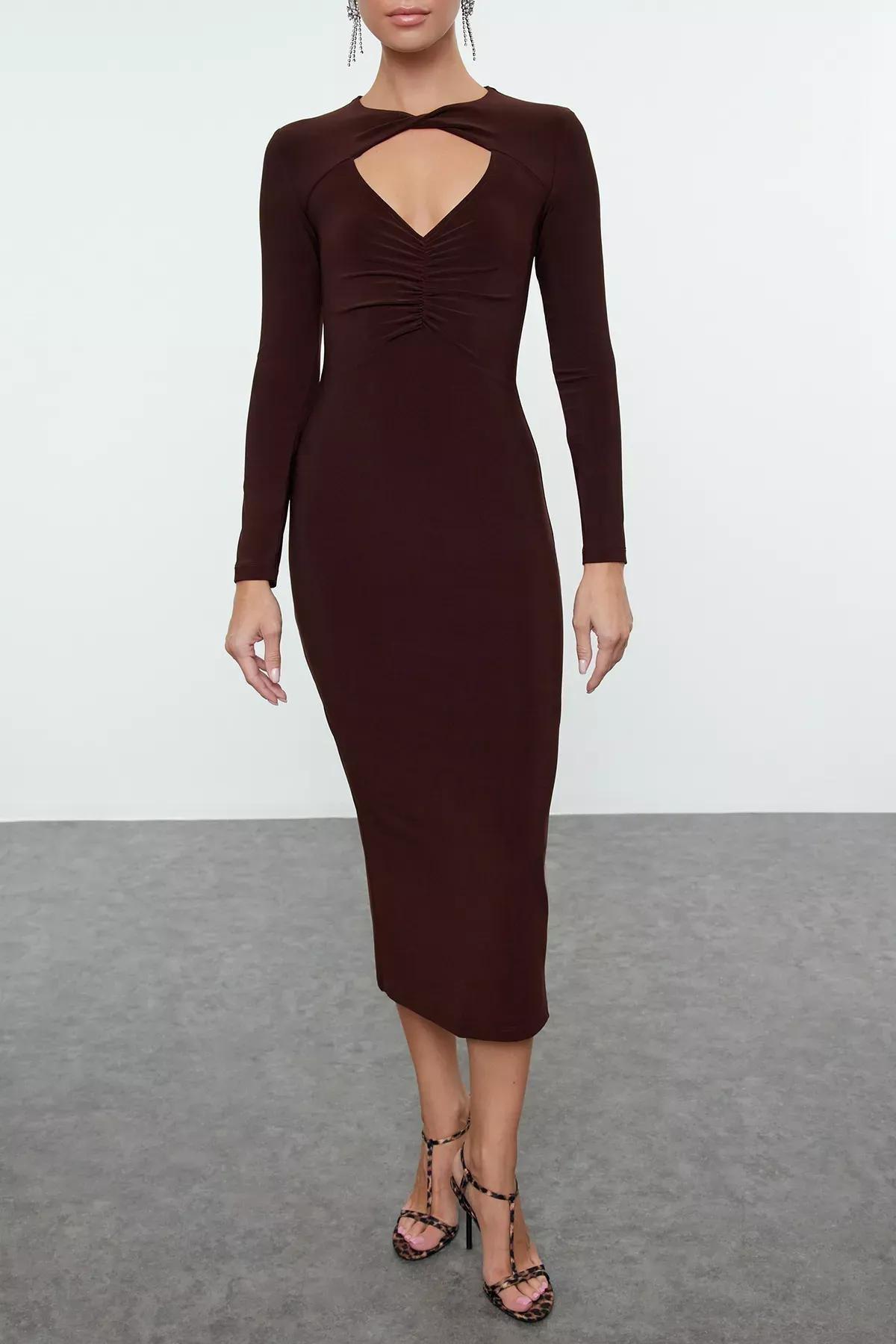 Brown Cut-Out Window Detailed Knit Dress, , large image number 2