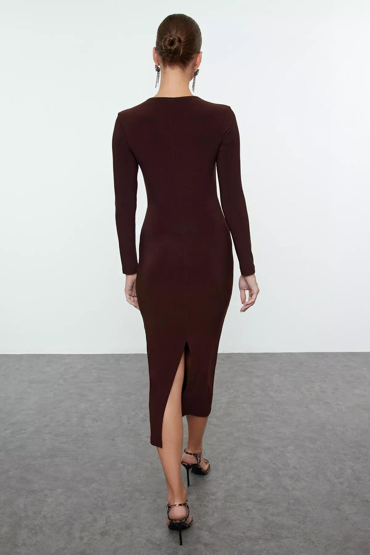 Brown Cut-Out Window Detailed Knit Dress, , large image number 4