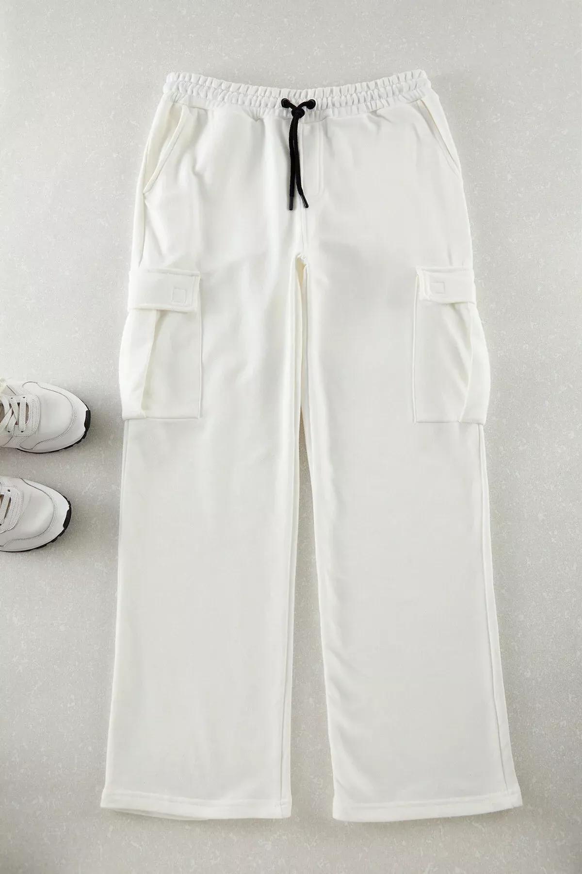 Beige Wide Leg Cargo Sweatpants, Ecru, large image number 0