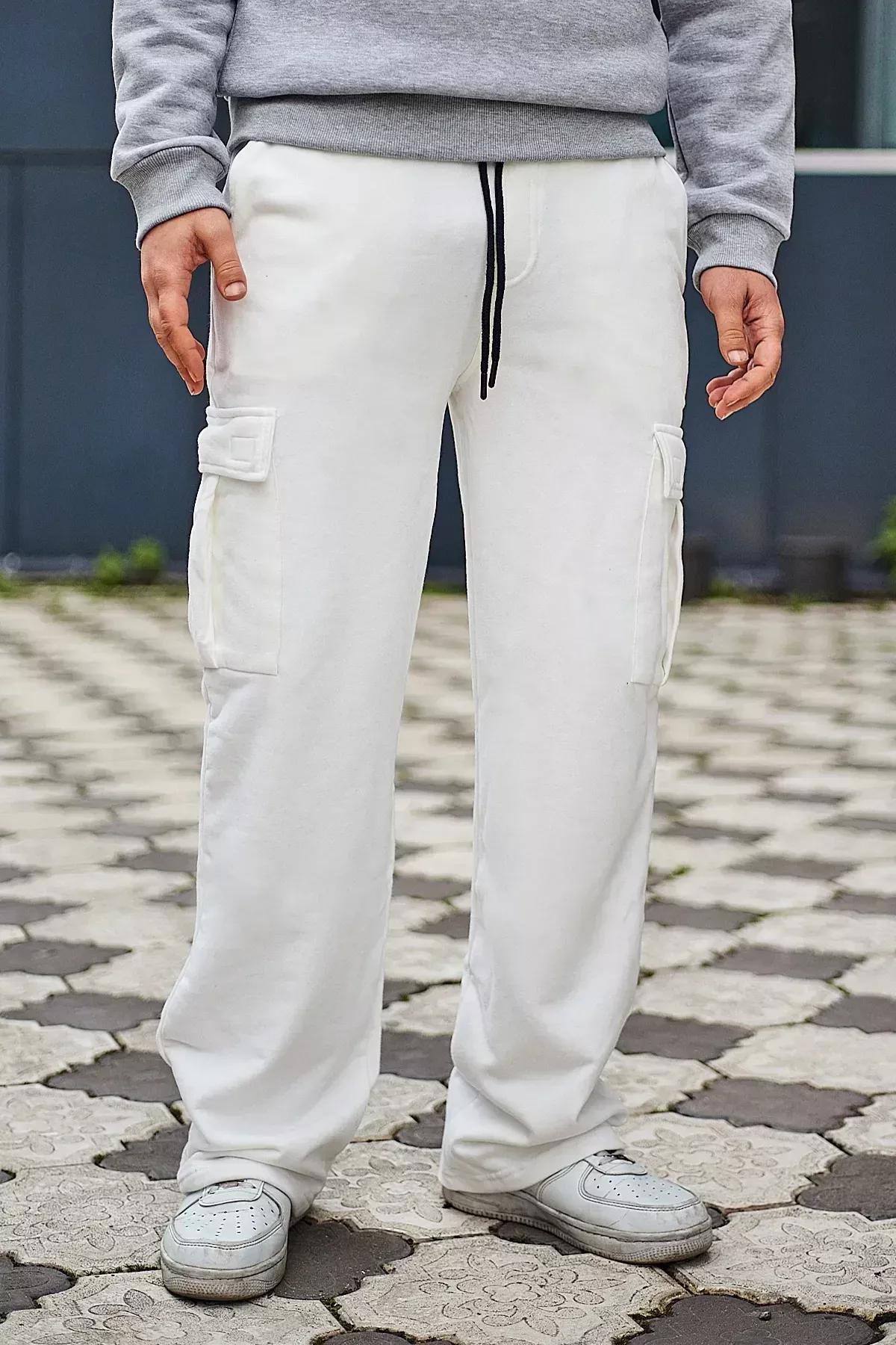 Beige Wide Leg Cargo Sweatpants, Ecru, large image number 2