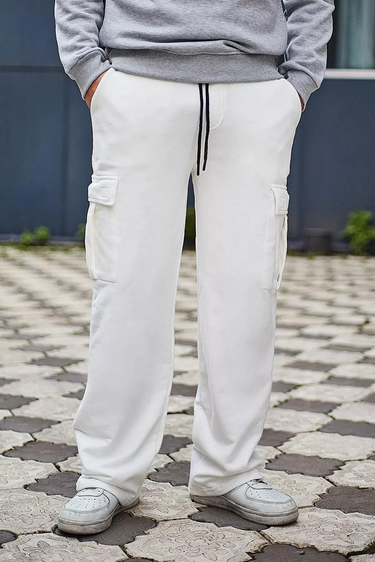 Beige Wide Leg Cargo Sweatpants, Ecru, large image number 3