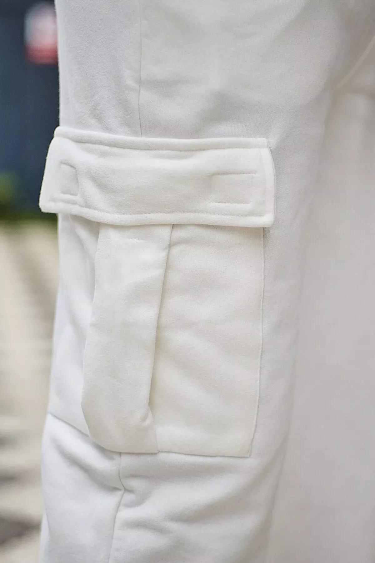 Beige Wide Leg Cargo Sweatpants, Ecru, large image number 4