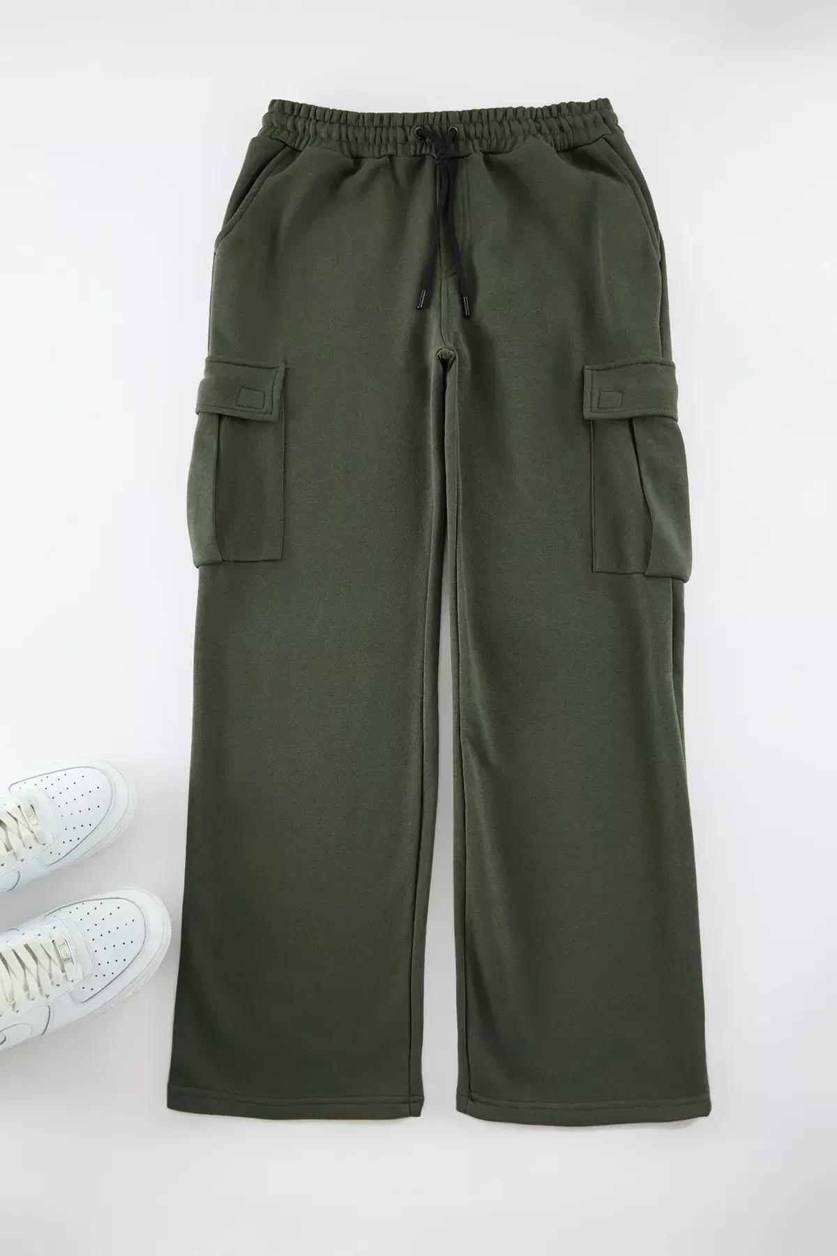 Green Wide Leg Cargo Sweatpants, Khaki, large image number 0