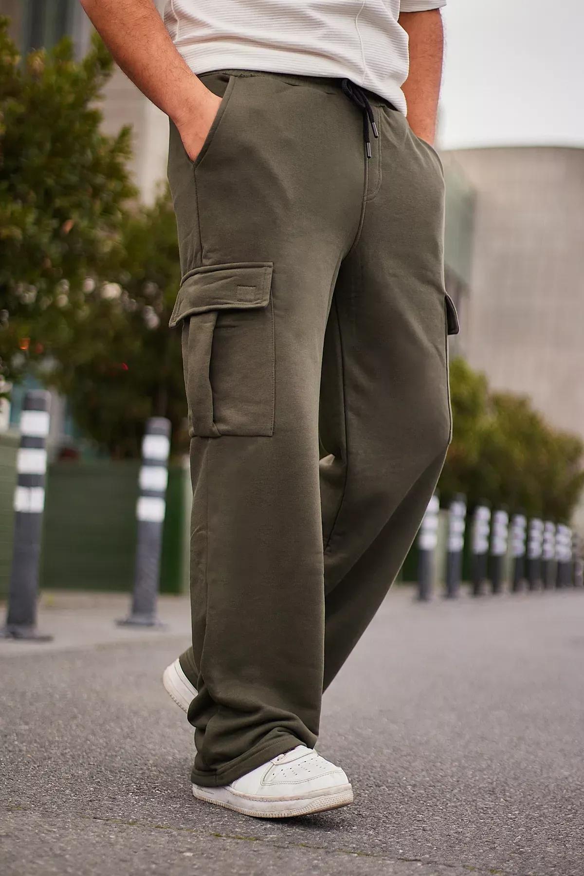 Green Wide Leg Cargo Sweatpants, Khaki, large image number 2
