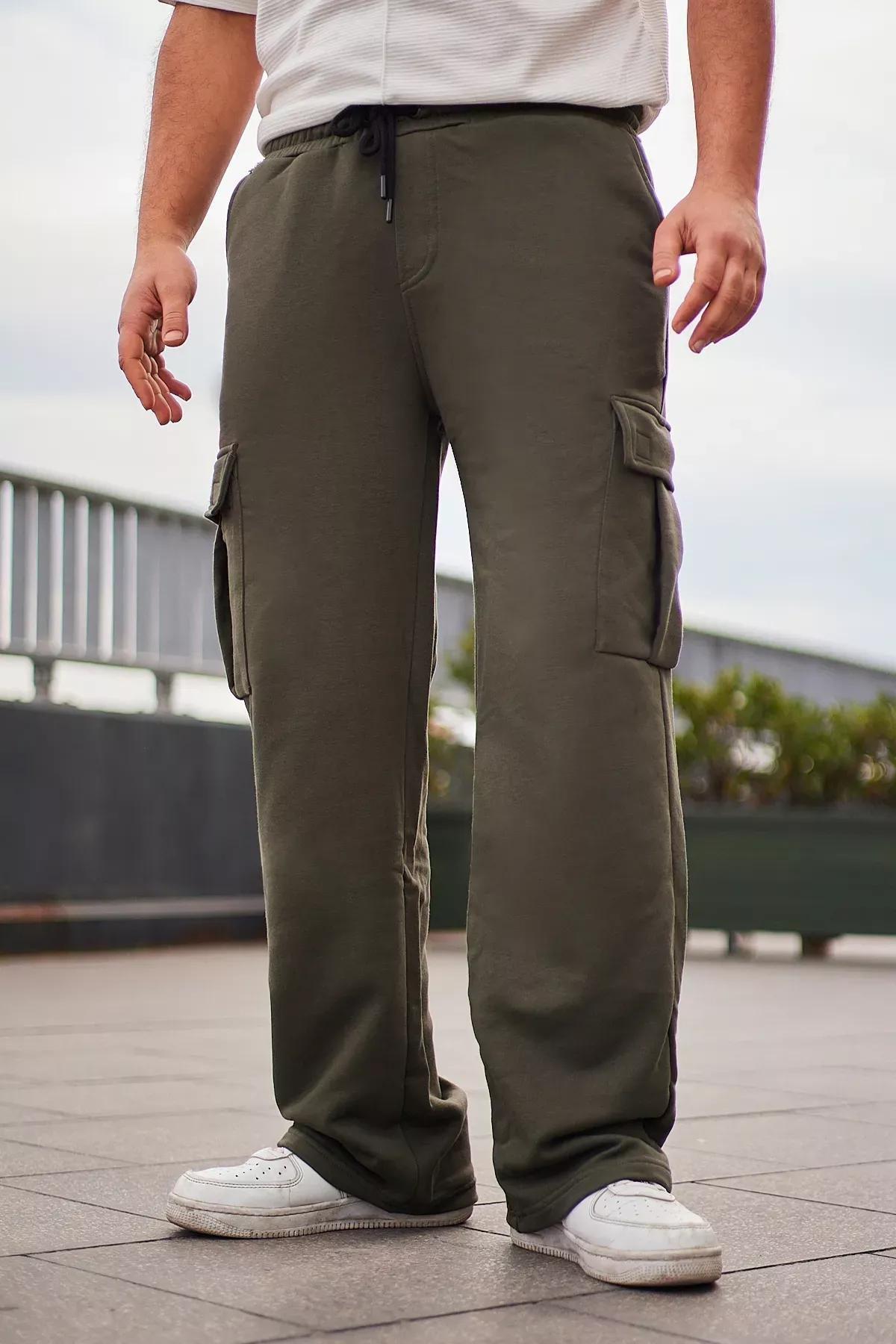 Green Wide Leg Cargo Sweatpants, Khaki, large image number 3
