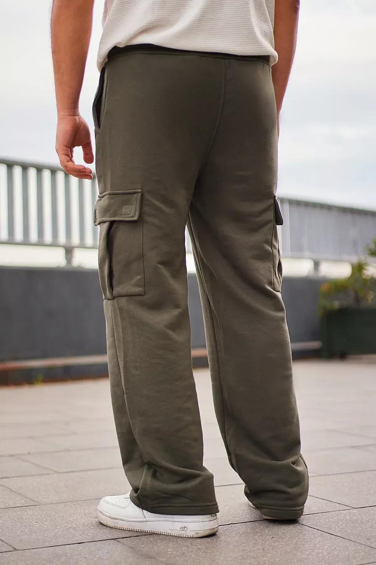 Green Wide Leg Cargo Sweatpants, Khaki, large image number 4