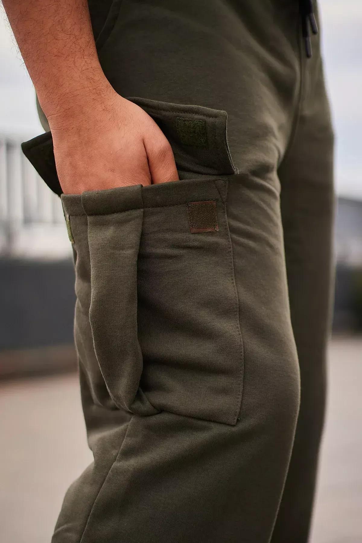 Green Wide Leg Cargo Sweatpants, Khaki, large image number 5