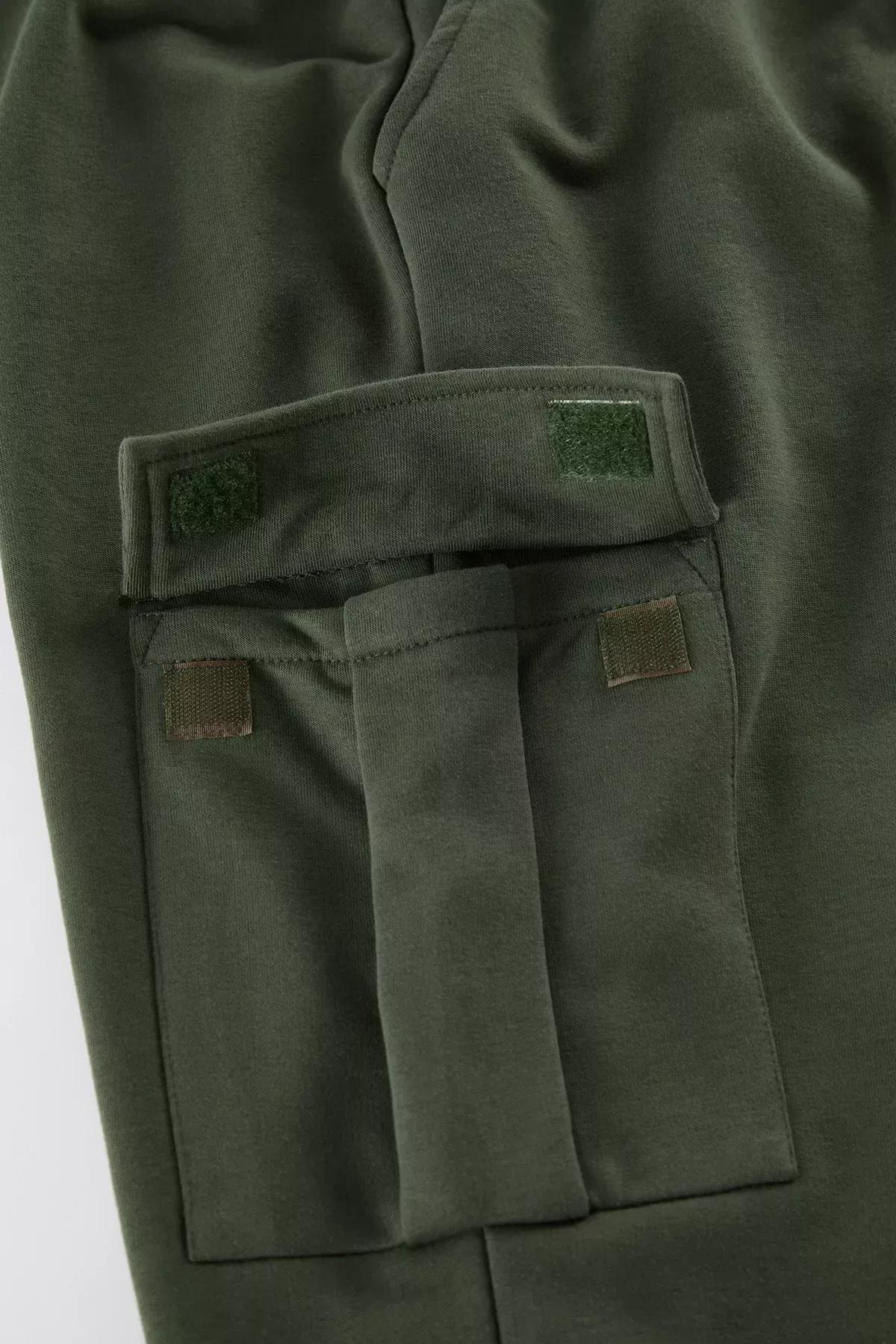 Green Wide Leg Cargo Sweatpants, Khaki, large image number 7