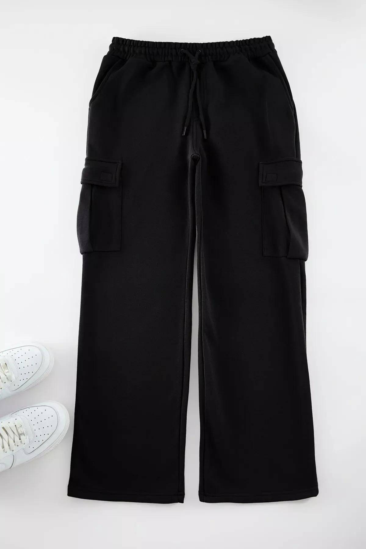 Black Wide Leg Cargo Sweatpants, C101_5720, large image number 0
