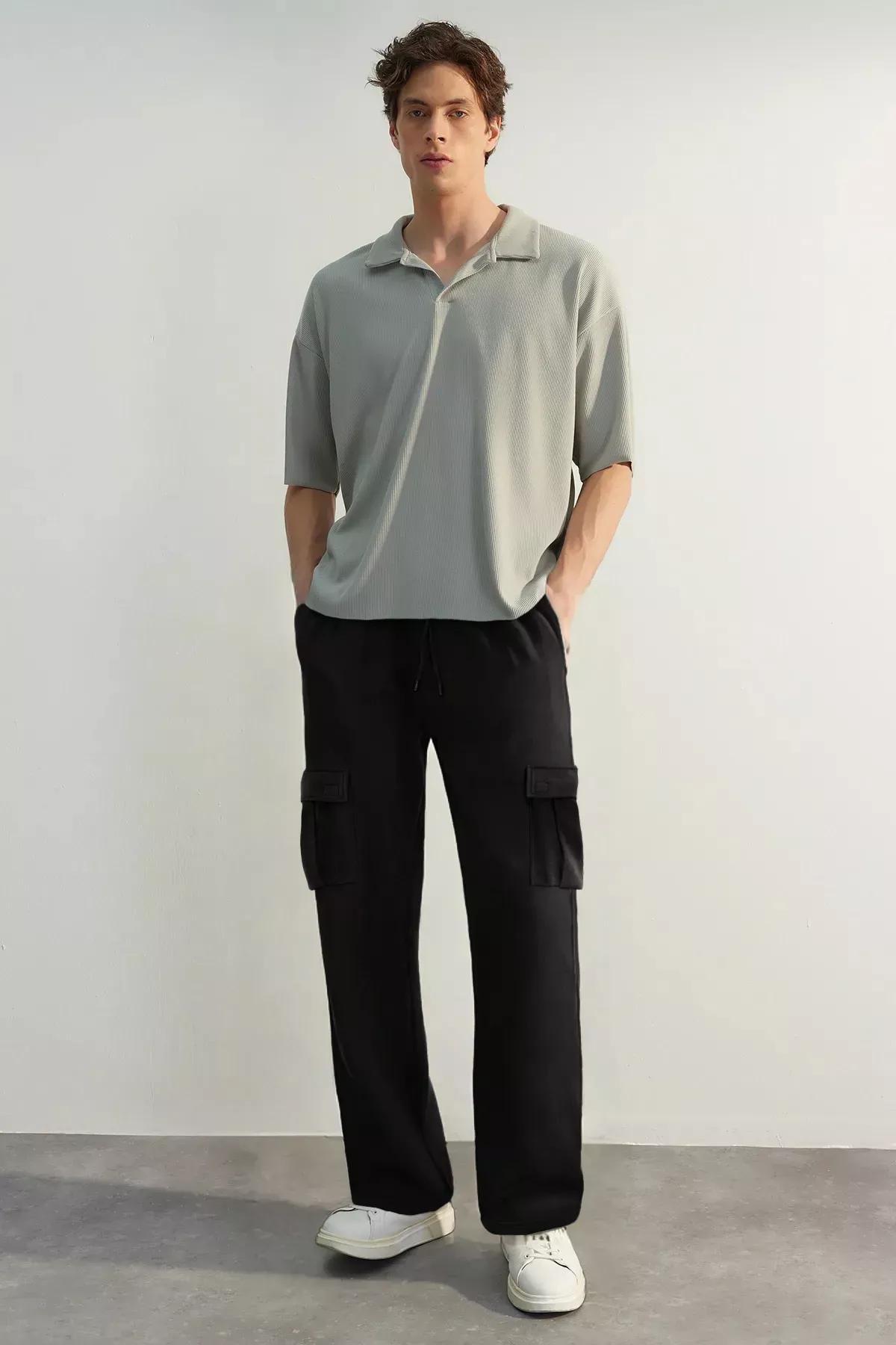 Black Wide Leg Cargo Sweatpants, C101_5720, large image number 1