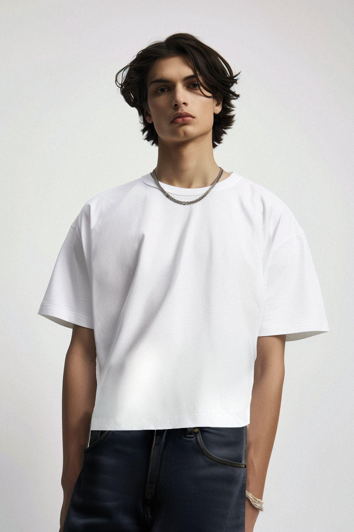 Ecru Mens Oversize Square Cut Low Shoulder 100% Cotton T-Shirt TMNAW25TS00008, Ecru, large image number 0