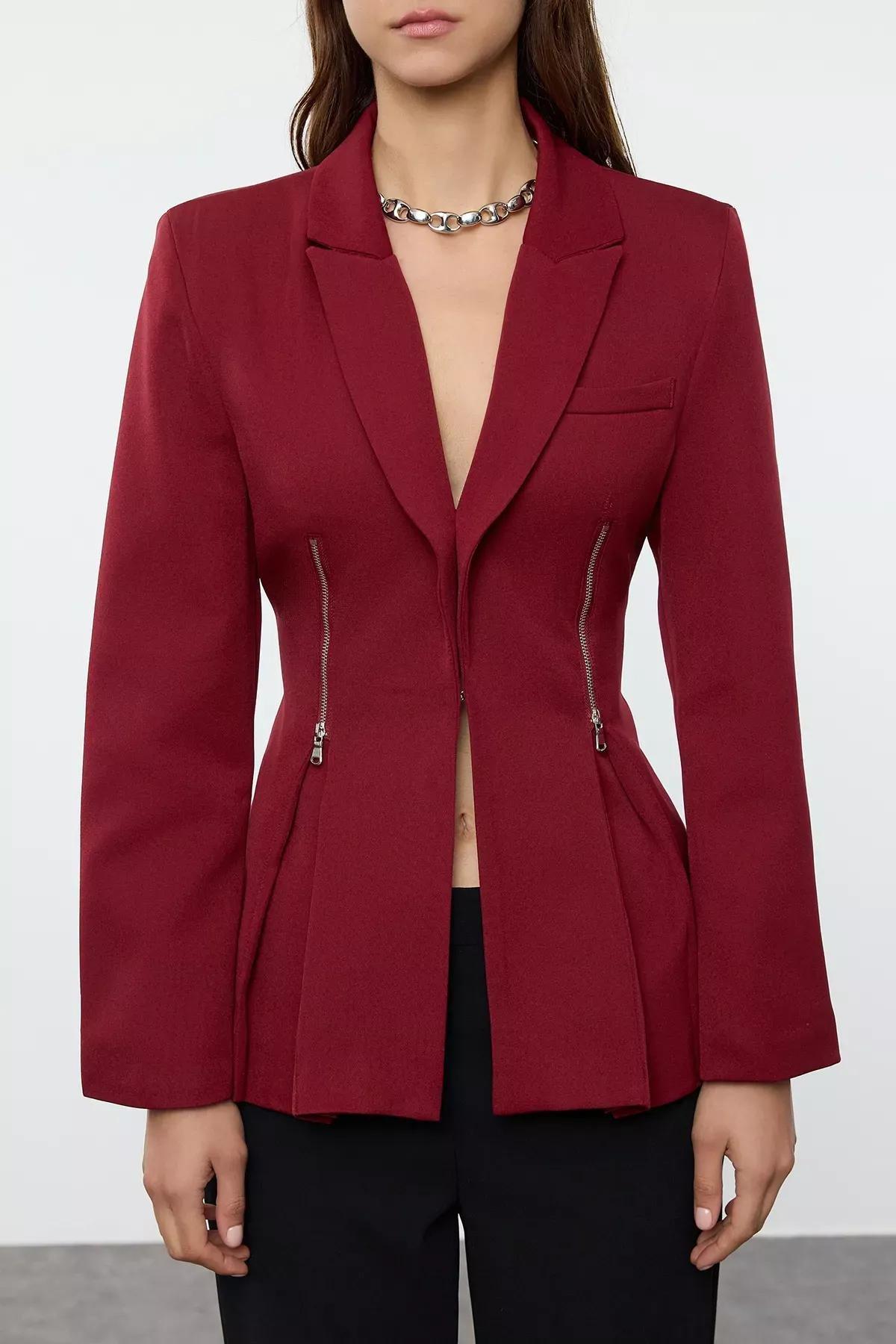 Burgundy Zippered Woven Blazer, Burgundy, medium