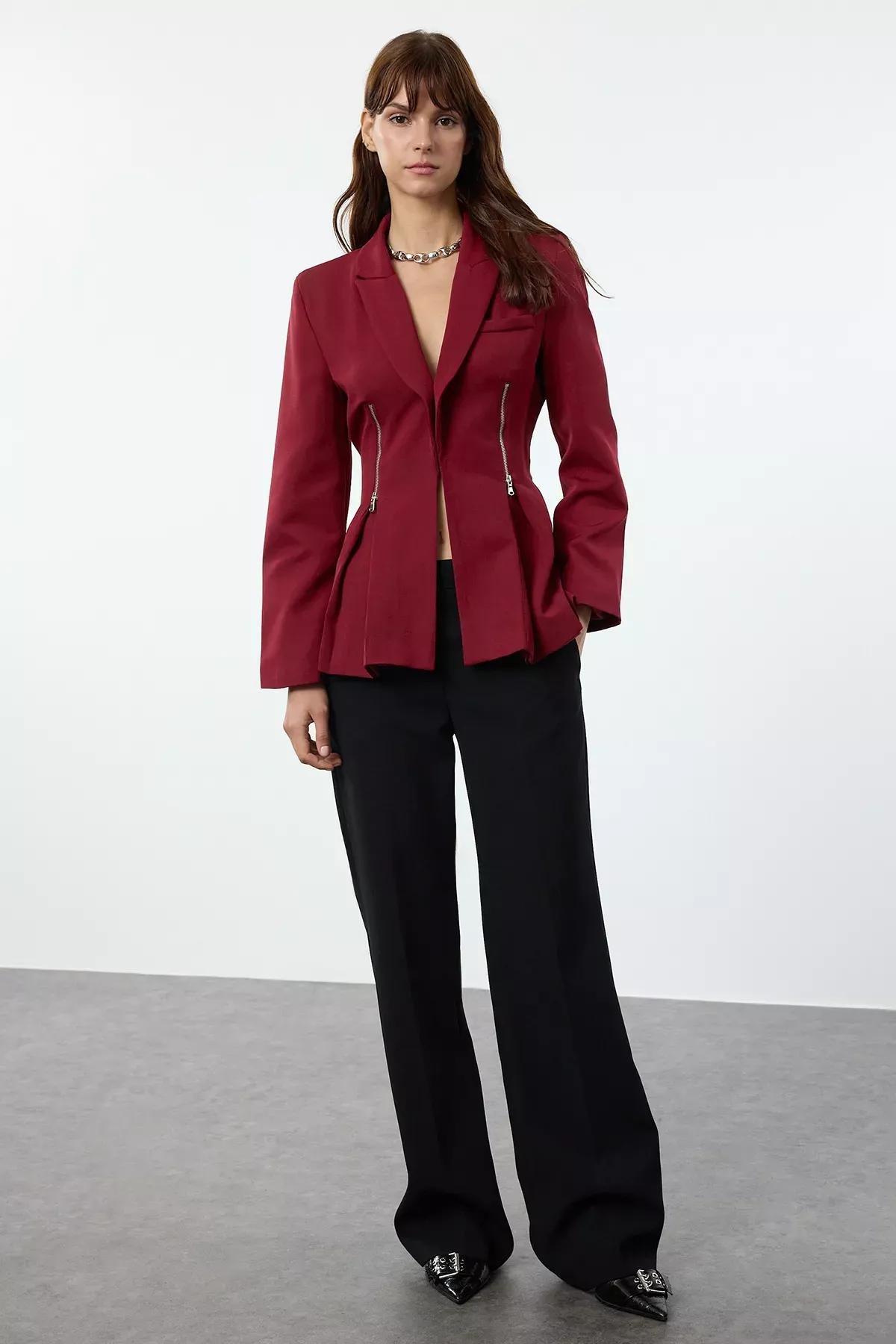 Burgundy Zippered Woven Blazer, Burgundy, medium