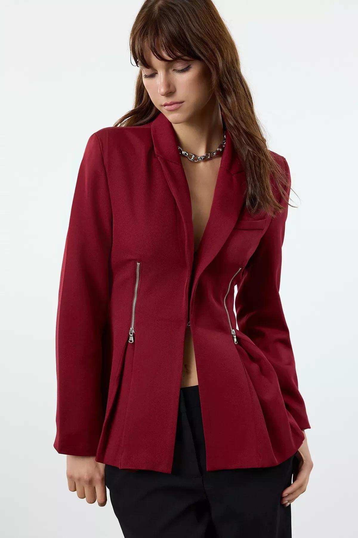 Burgundy Zippered Woven Blazer, Burgundy, medium