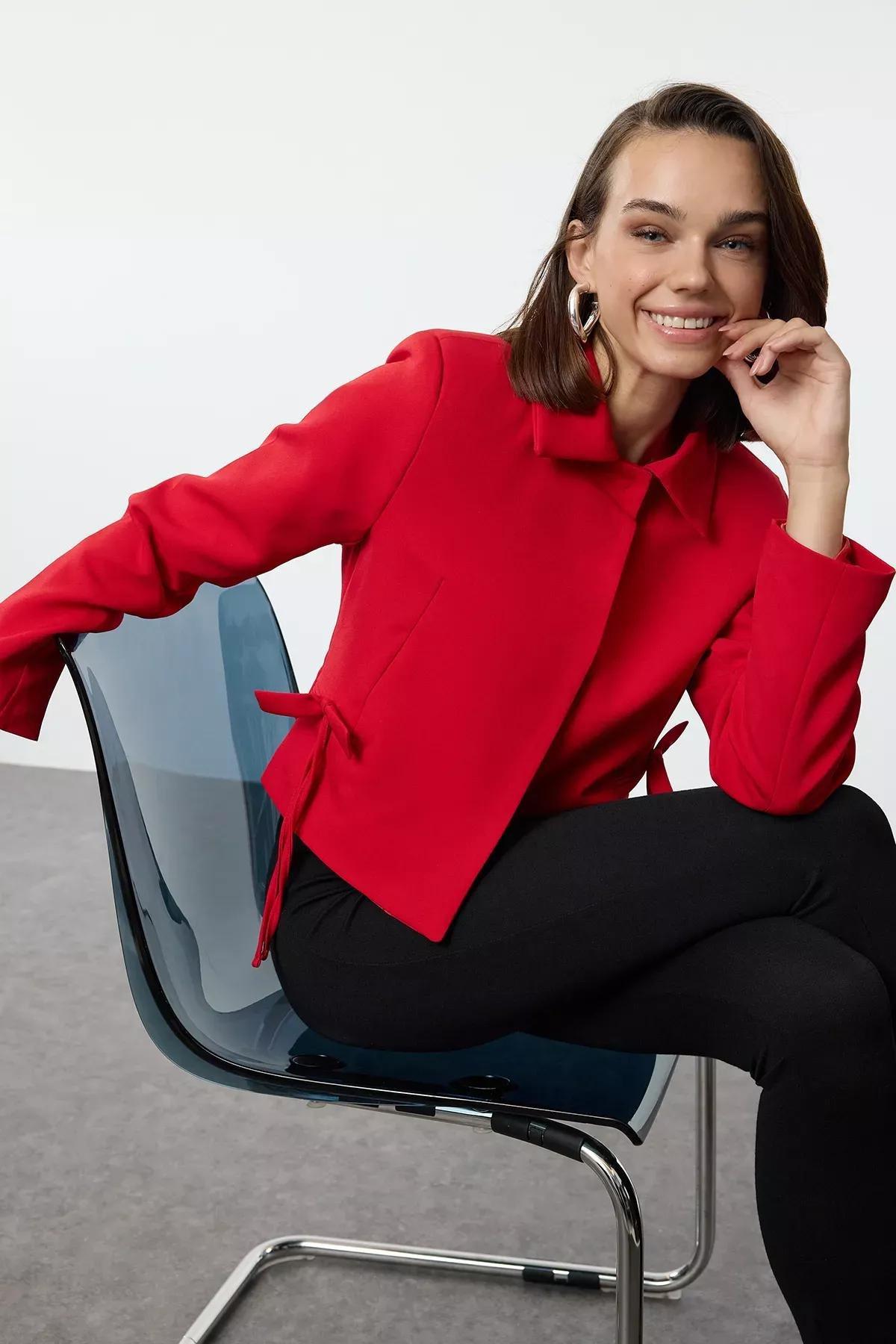 Red Bow Collar Crop Blazer, Red, large image number 0