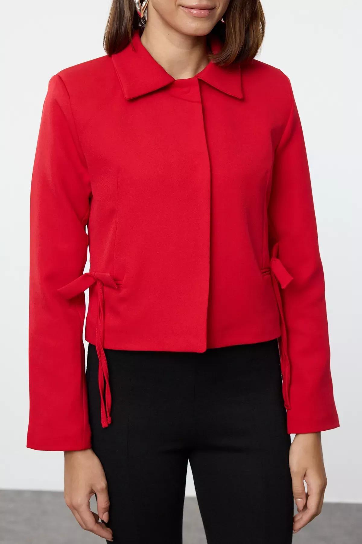 Red Bow Collar Crop Blazer, Red, large image number 1