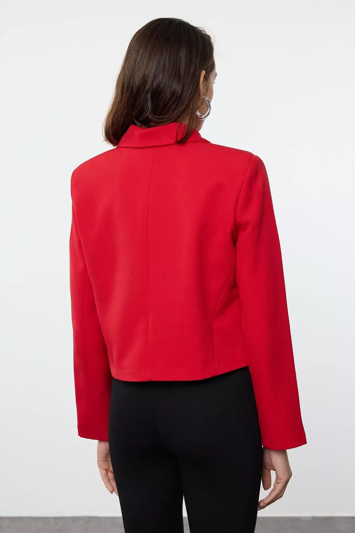 Red Bow Collar Crop Blazer, Red, large image number 3