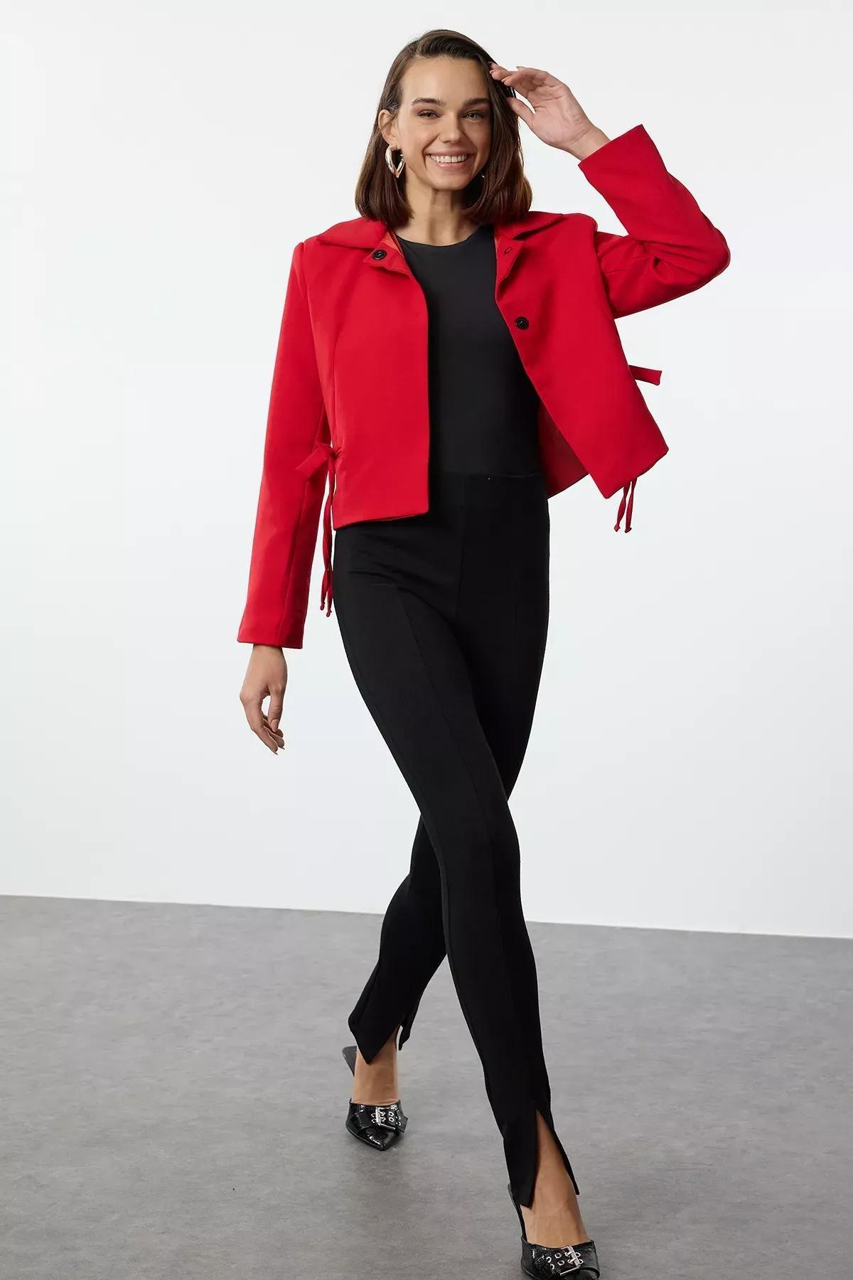 Red Bow Collar Crop Blazer, Red, large image number 4
