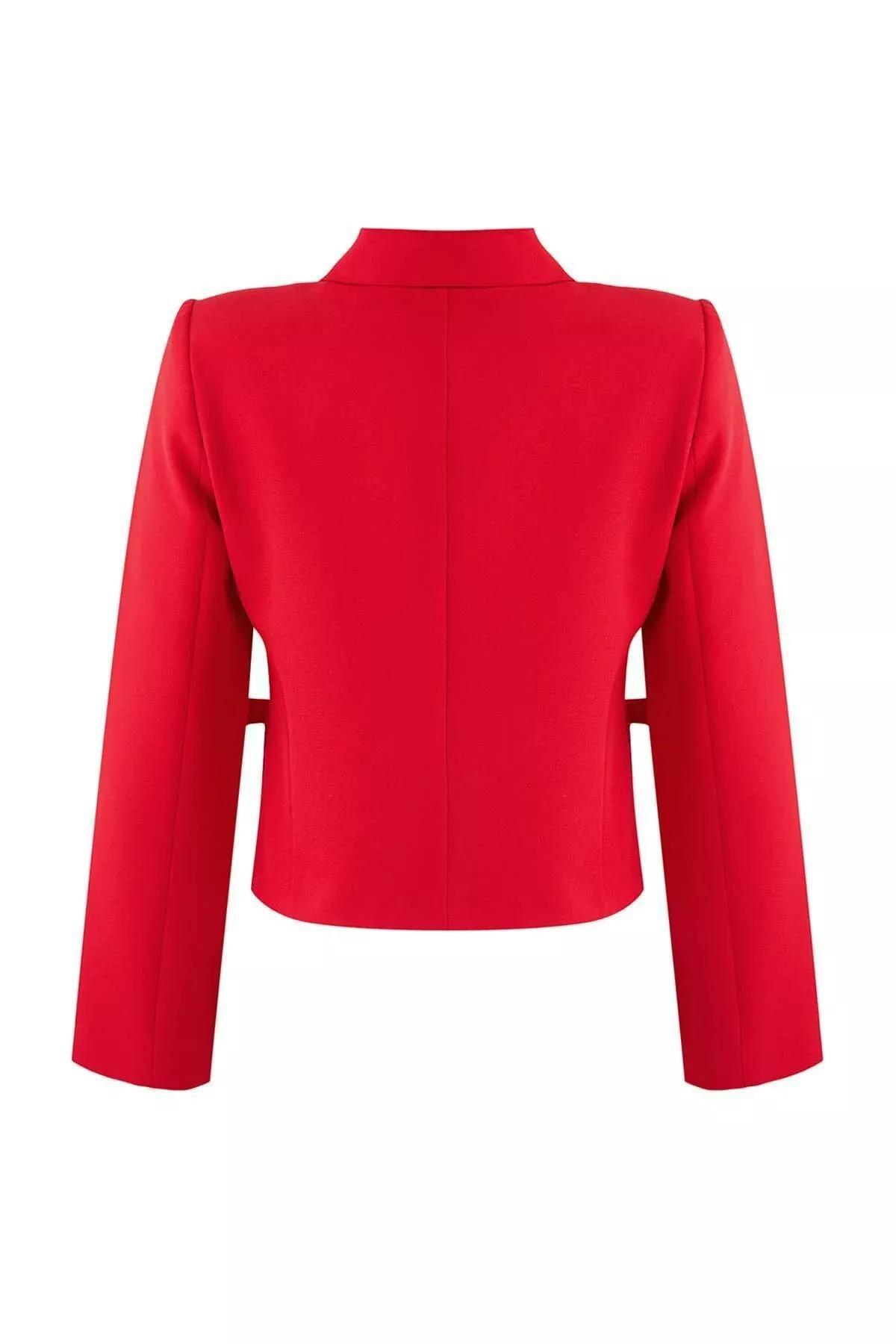 Red Bow Collar Crop Blazer, Red, large image number 6