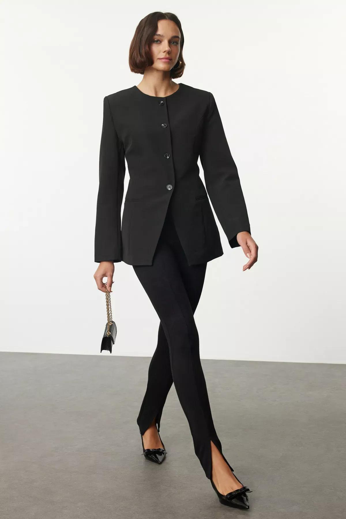 Black Round Crew-Neck Blazer, BLACK, medium