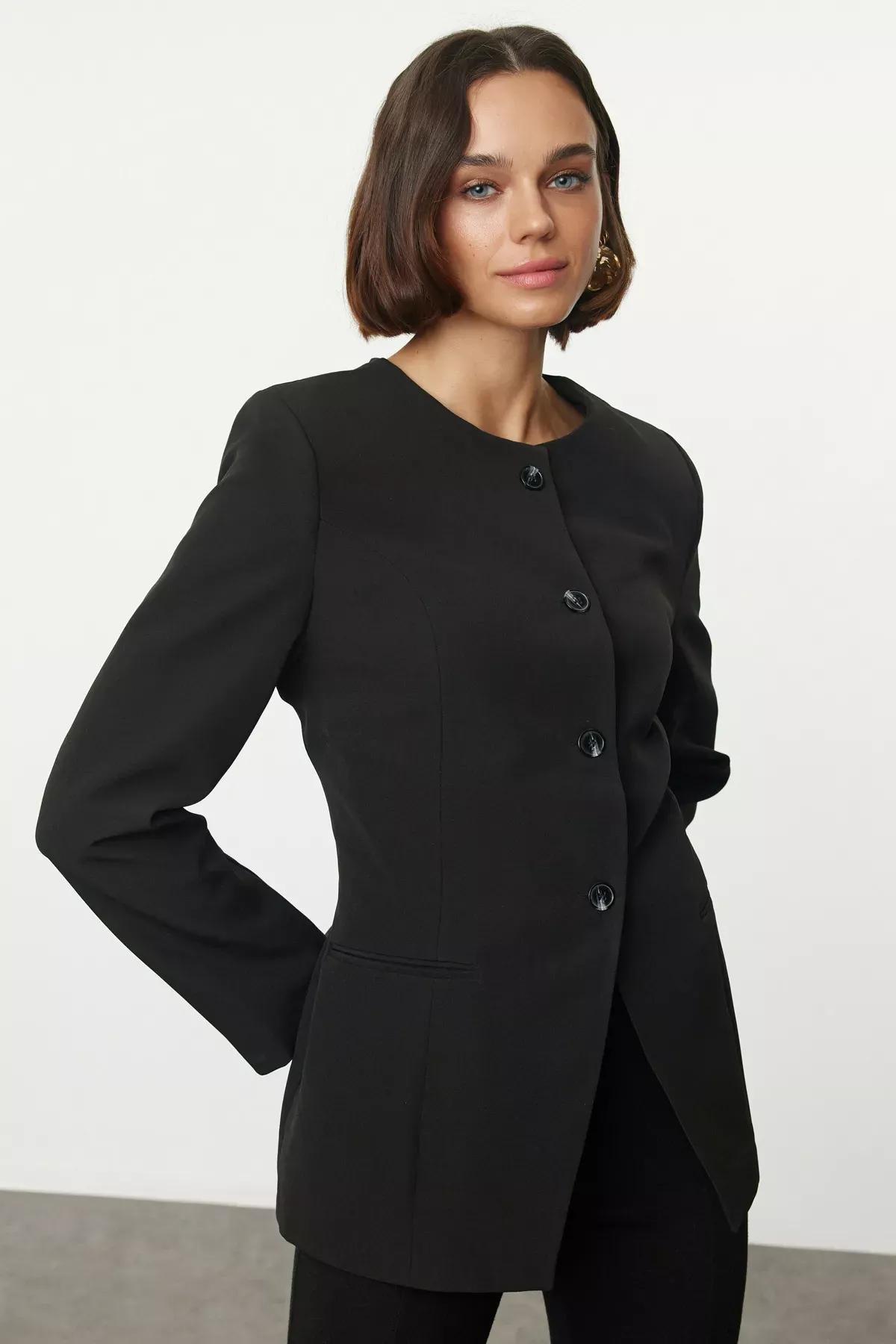 Black Round Crew-Neck Blazer, , large image number 1